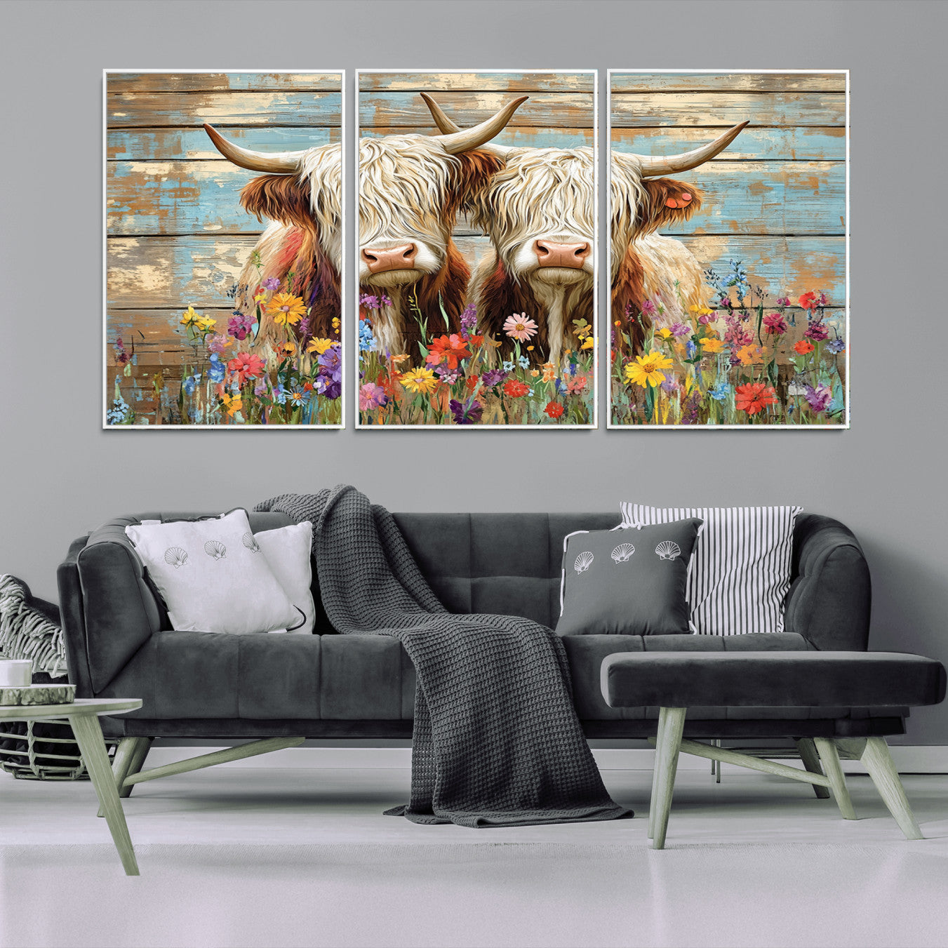 -Cute Highland Cow Canvas Wall Art - Rustic Farmhouse Decor with Colorful Flowers Perfect Wall Art