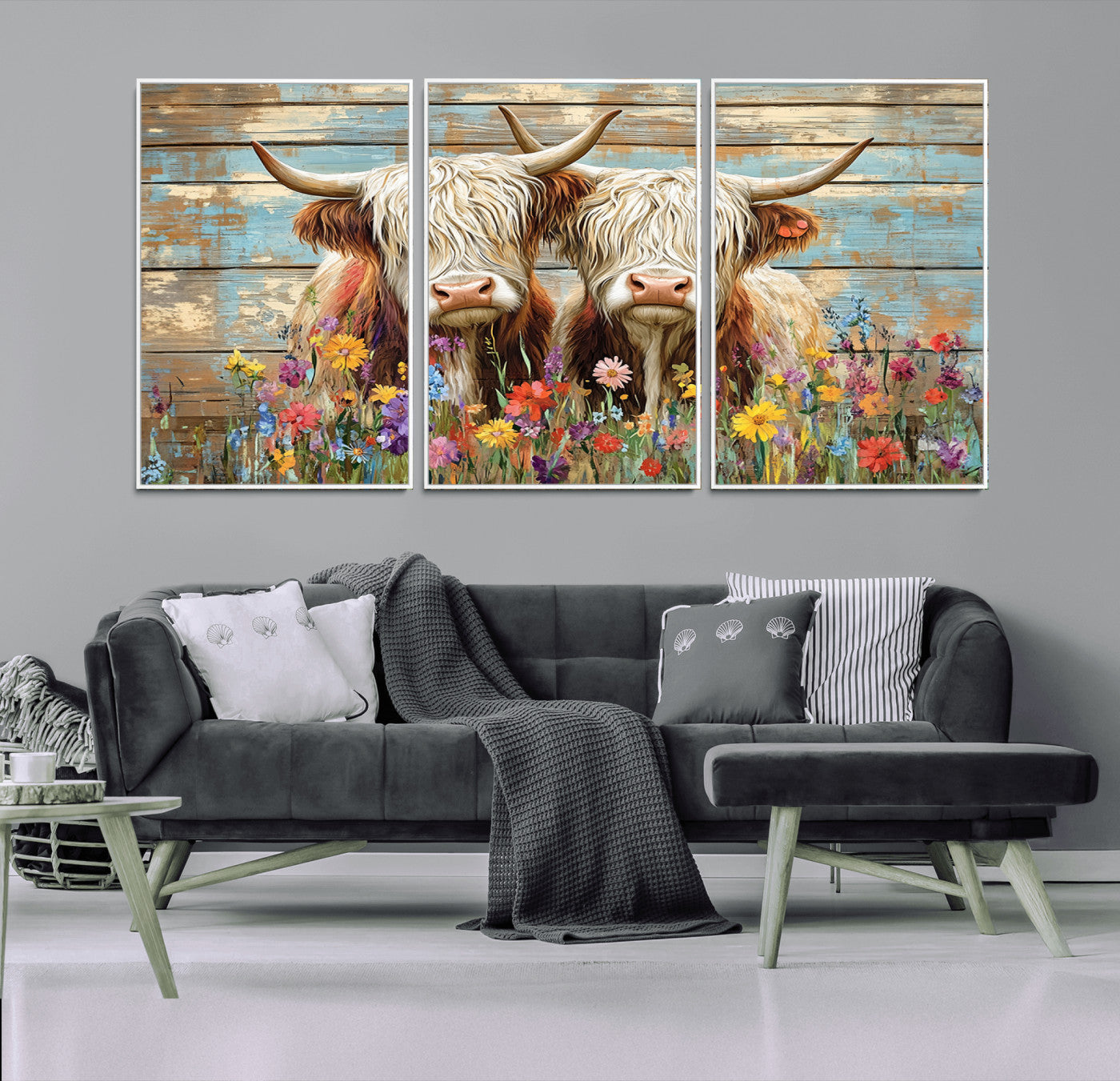 36972-MGV-CV-36X24-Cute Highland Cow Canvas Wall Art - Rustic Farmhouse Decor with Colorful Flowers Perfect Wall Art