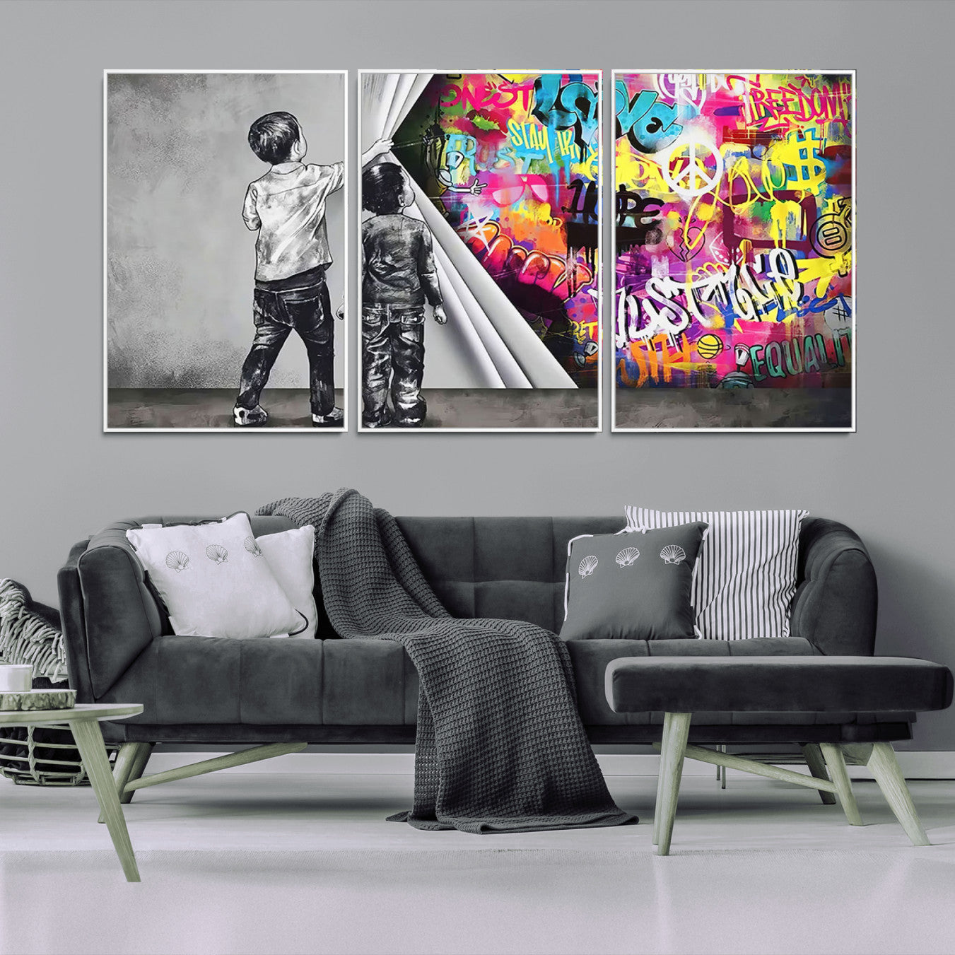 -Banksy Print - Street Art Canvas Wall Art - Kids Revealing Graffiti, Urban Modern Decor for Living
