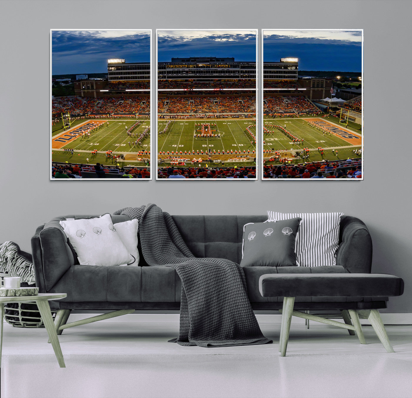 44513-MGV-FC-60X30-3P_White-University of Illinois Fighting Illini Football Team Print - Champaign Illinois Memorial Stadium