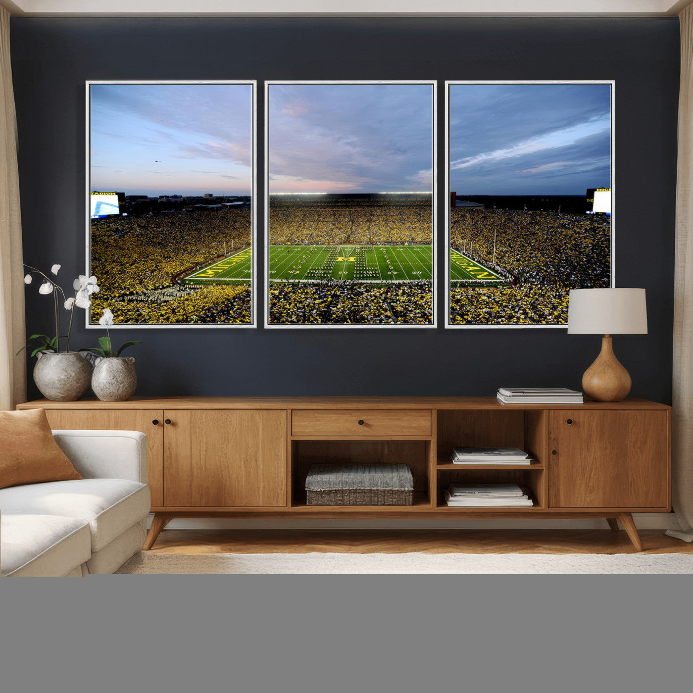 82641-MGV-CV-36X24 - Michigan Stadium Wall Art Canvas Print, Vibrant Game Day Crowd and Sunset Sky Football Field Artwork for Home, Office