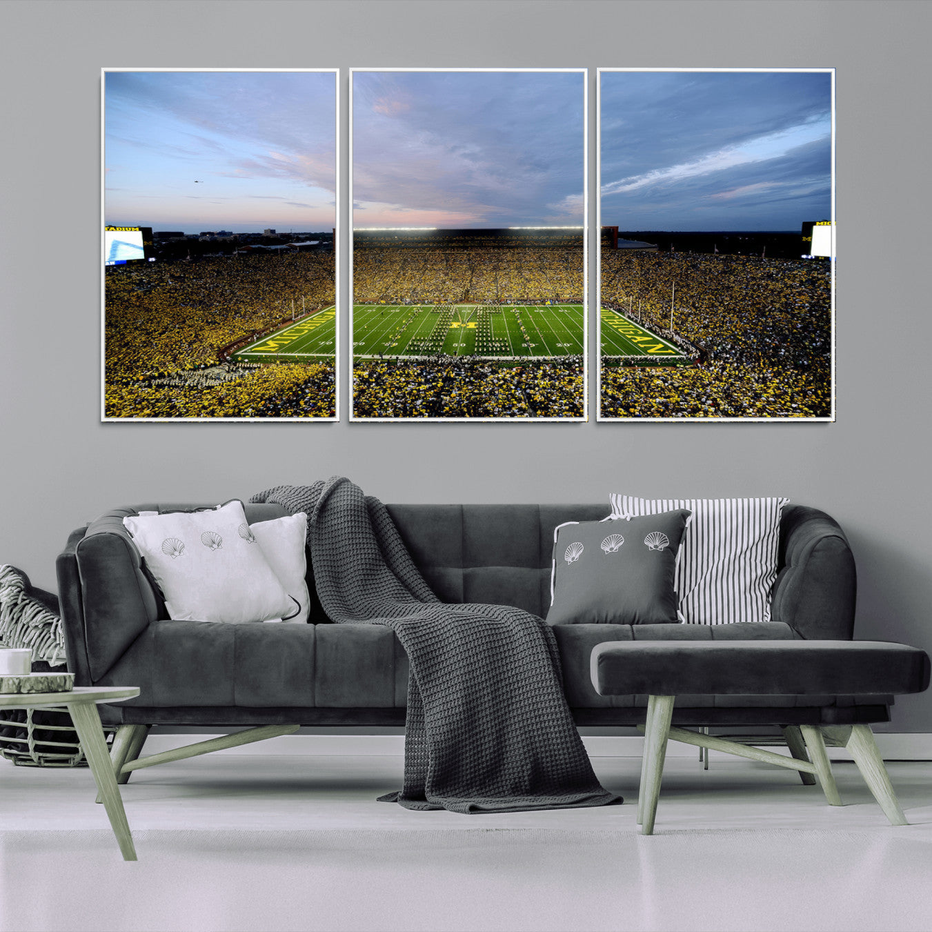 82641-MGV-FC-60X30-3P - Michigan Stadium Wall Art Canvas Print, Vibrant Game Day Crowd and Sunset Sky Football Field Artwork for Home, Office