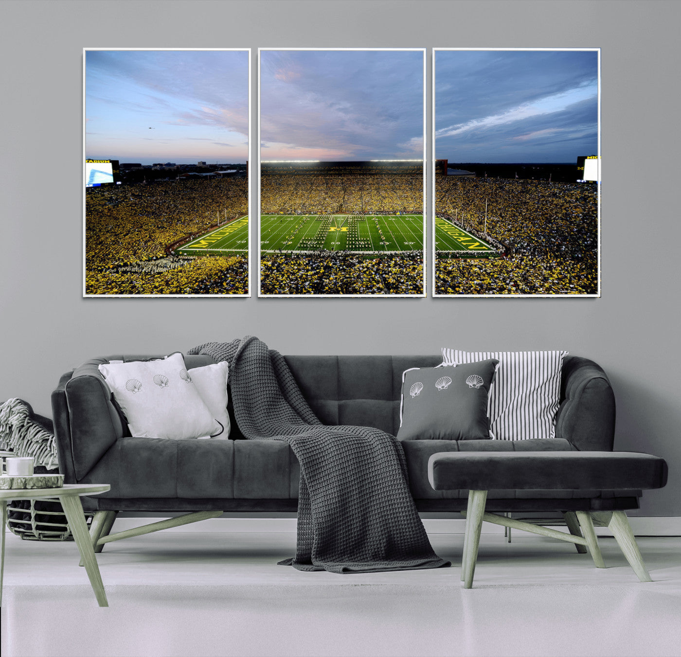 82641-MGV-FC-60X30-3P - Michigan Stadium Wall Art Canvas Print, Vibrant Game Day Crowd and Sunset Sky Football Field Artwork for Home, Office