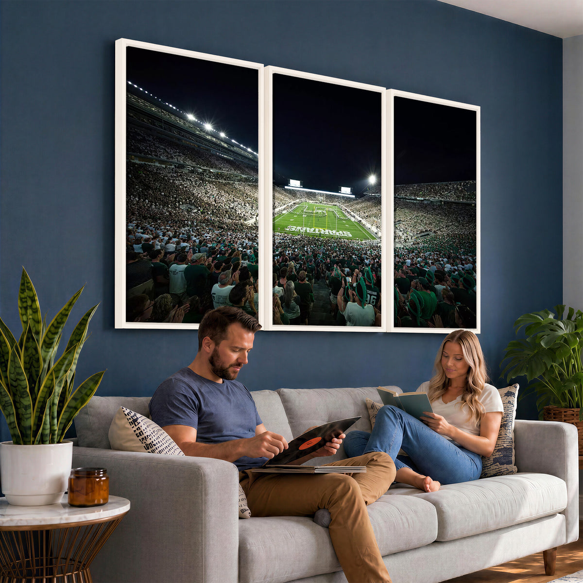 57523-PAN-FL-20X10 - Framed Michigan State Spartans Football Team Print - East Lansing Spartan Stadium Wall Art Canvas