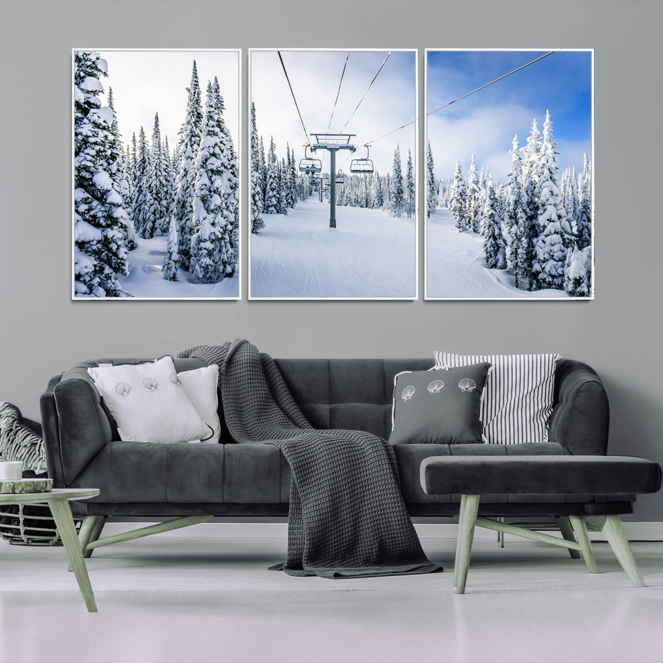 21569-MGV-FC-60X30-3P_White-Winter Ski Lift Wall Art Print - Landscape Wall Art | Snowy Mountain Adventure | Perfect for Cabin