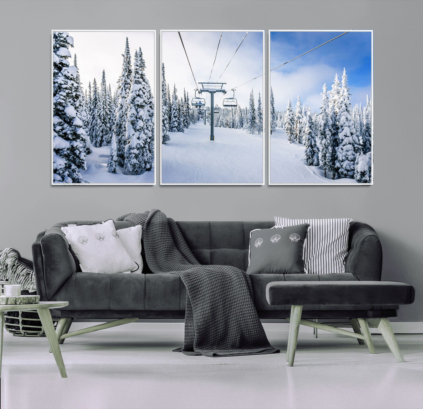 21569-MGV-FC-60X30-3P_White-Winter Ski Lift Wall Art Print - Landscape Wall Art | Snowy Mountain Adventure | Perfect for Cabin