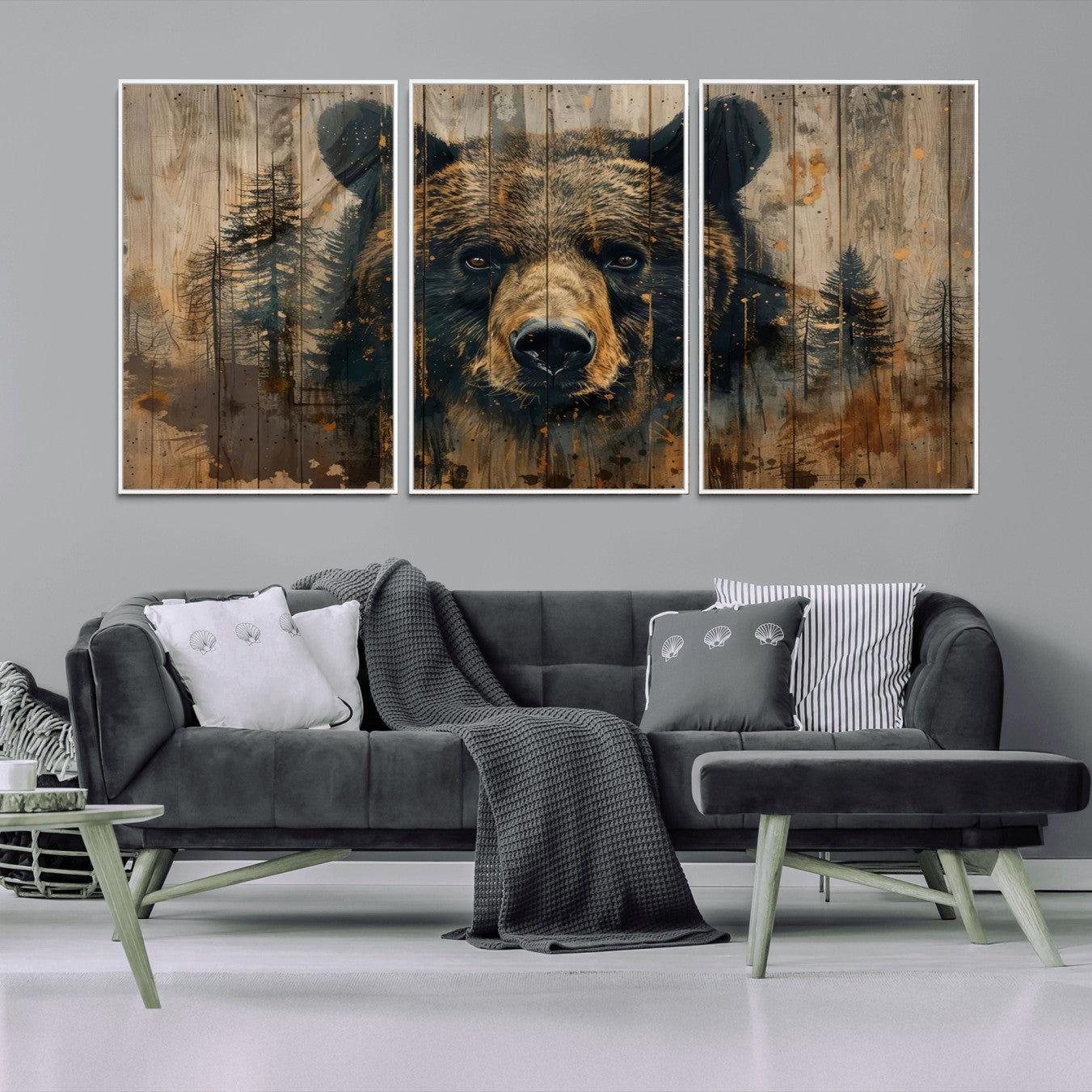 -Abstract 399 Bear Wall Art | Rustic Cabin Wall Decor with Forest Design | Framed and Ready to Hang |