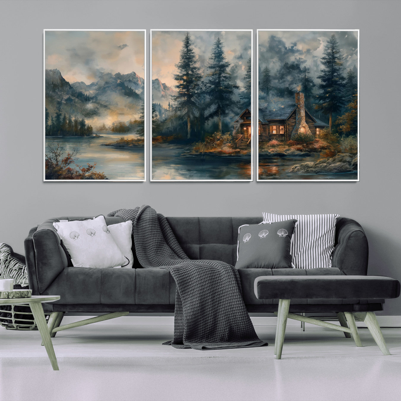 99088-MGV-FC-60X30-3P_White-Rustic Cabin Woods Wall Art Print | Lake in a Forest Canvas Print | Cabin, Lodge, and Farmhouse