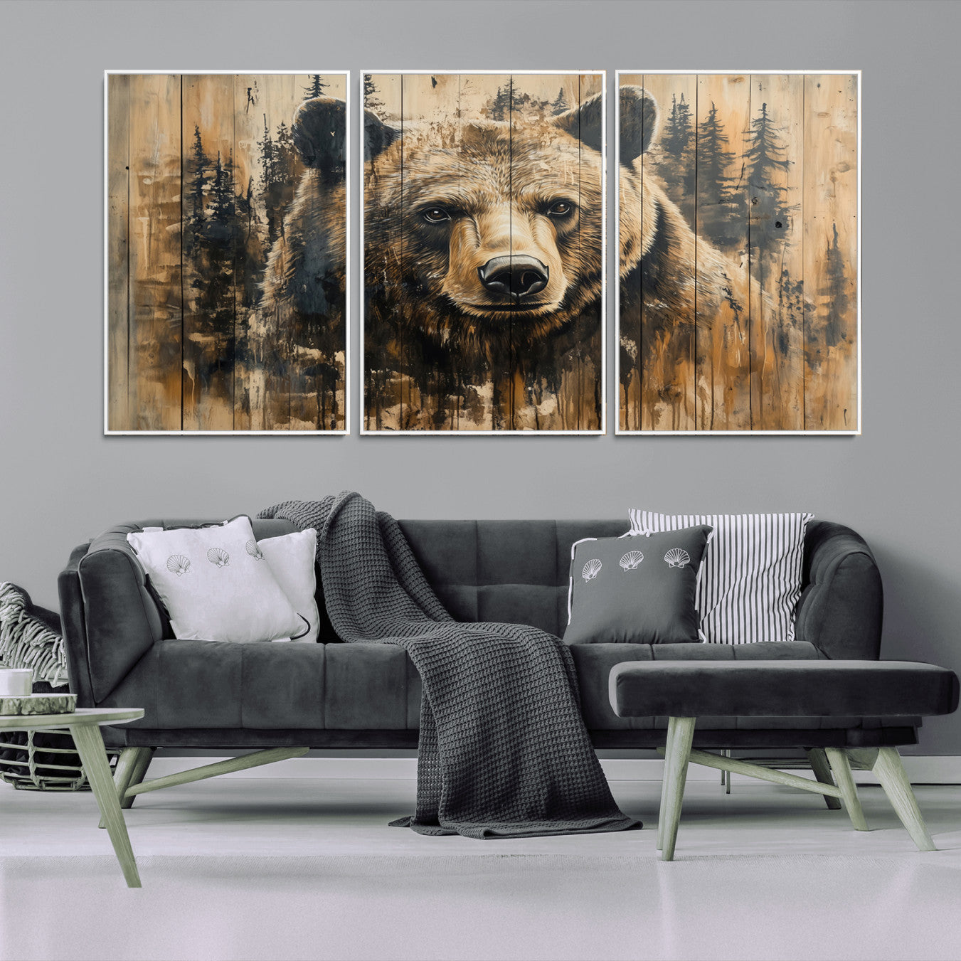 -Majestic Grizzly 399 Bear Wall Art | 3-Panel Rustic Canvas Print for Living Room, Office, or Cabin
