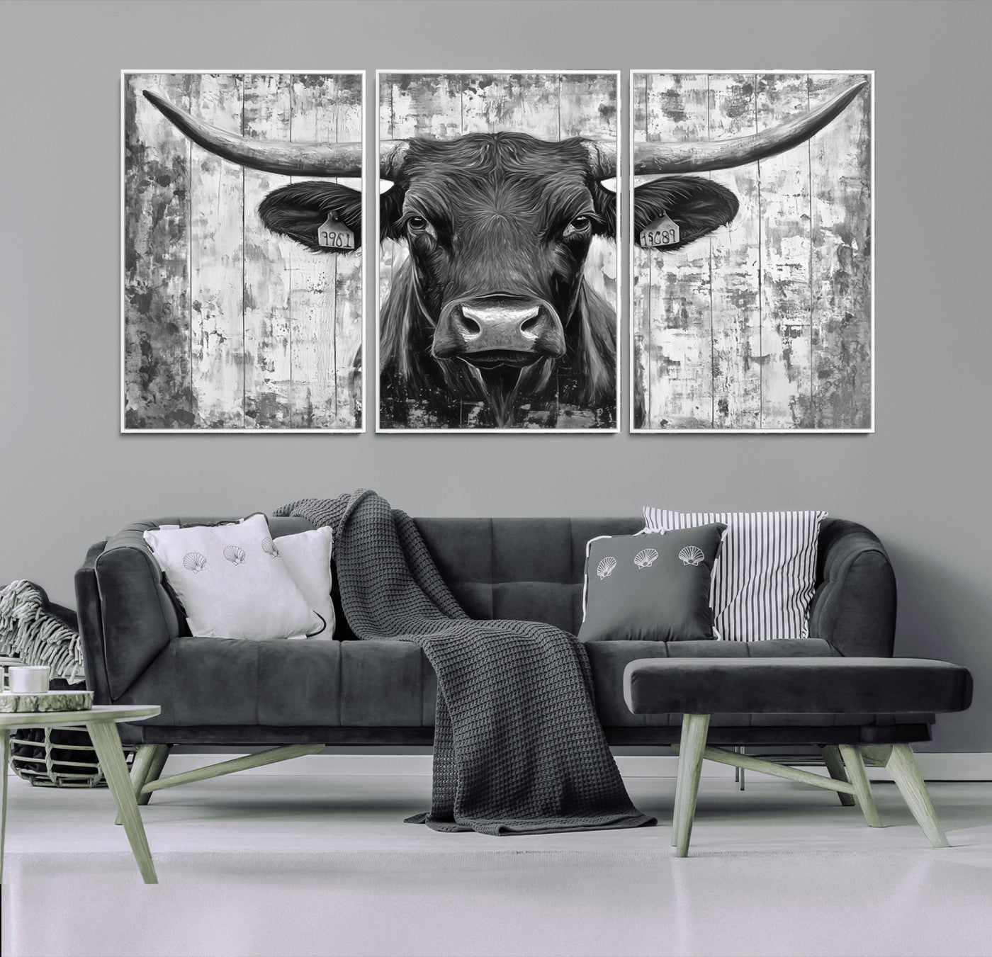 45514-MGV-FC-60X30-3P_White-Abstract Longhorn Bull Wall Art Canvas Print - Rustic Texas Western Cow Artwork