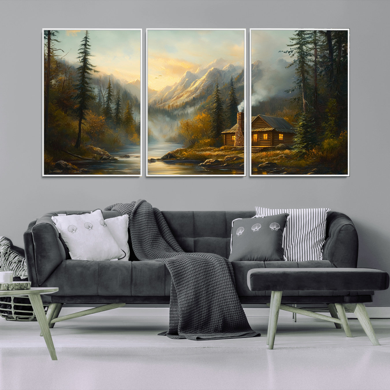 76464-MGV-CV-36X24-Wood Cabin Retreat Mountain at Sunset Wall Art Print - Serene Forest and River Landscape Wall Art