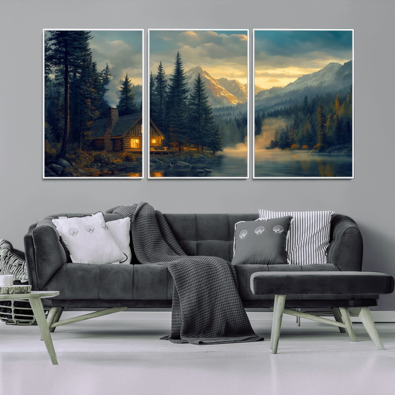 94027-MGV-CV-36X24-Mountain Cabin by the Lake at Sunset Wall Art - Serene Nature Canvas Print for Living Room Decor,