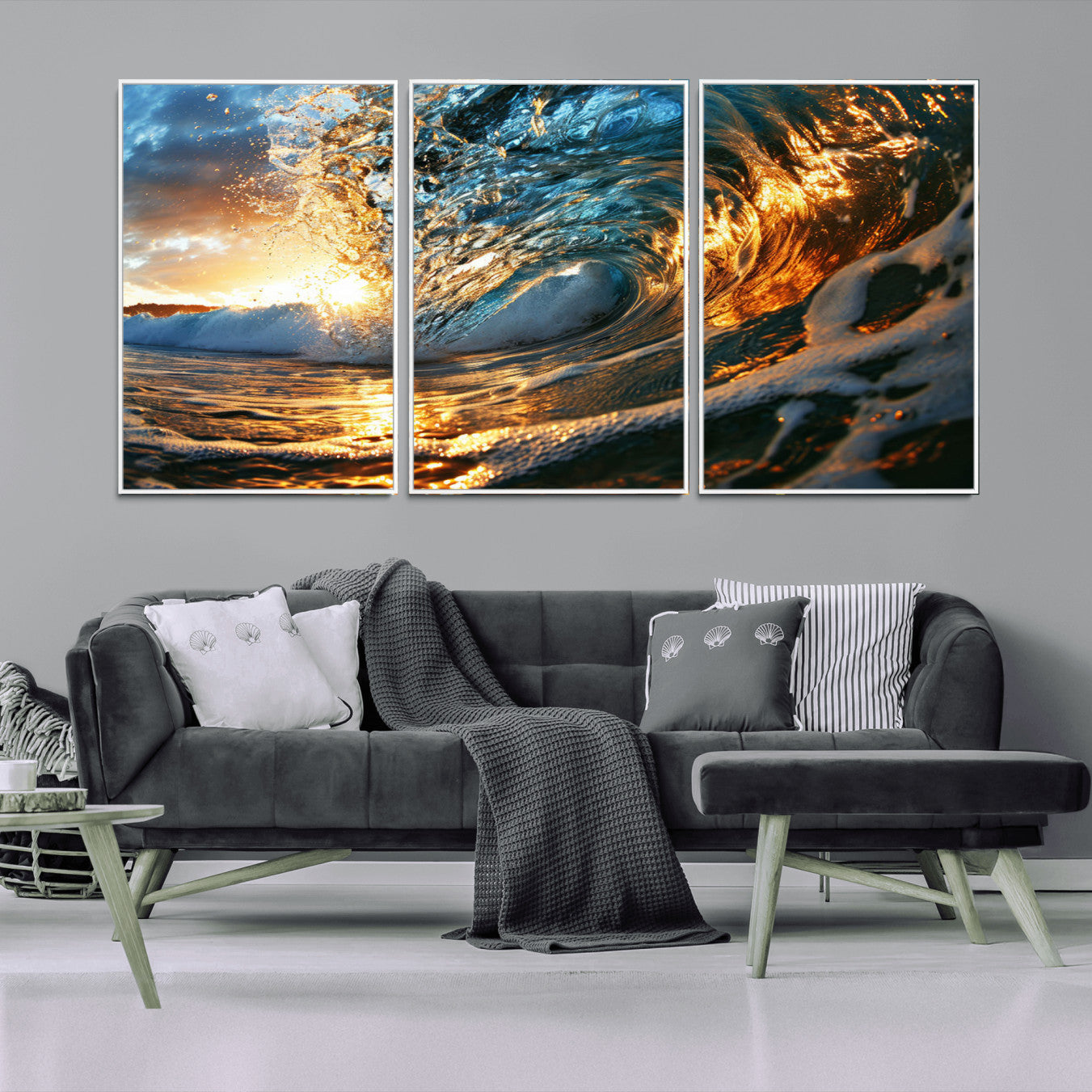 41370-MGV-CV-36X24-Ocean Wave at Sunset Canvas Wall Art – Vibrant Coastal Beach Waves Print, Large Nautical Decor,