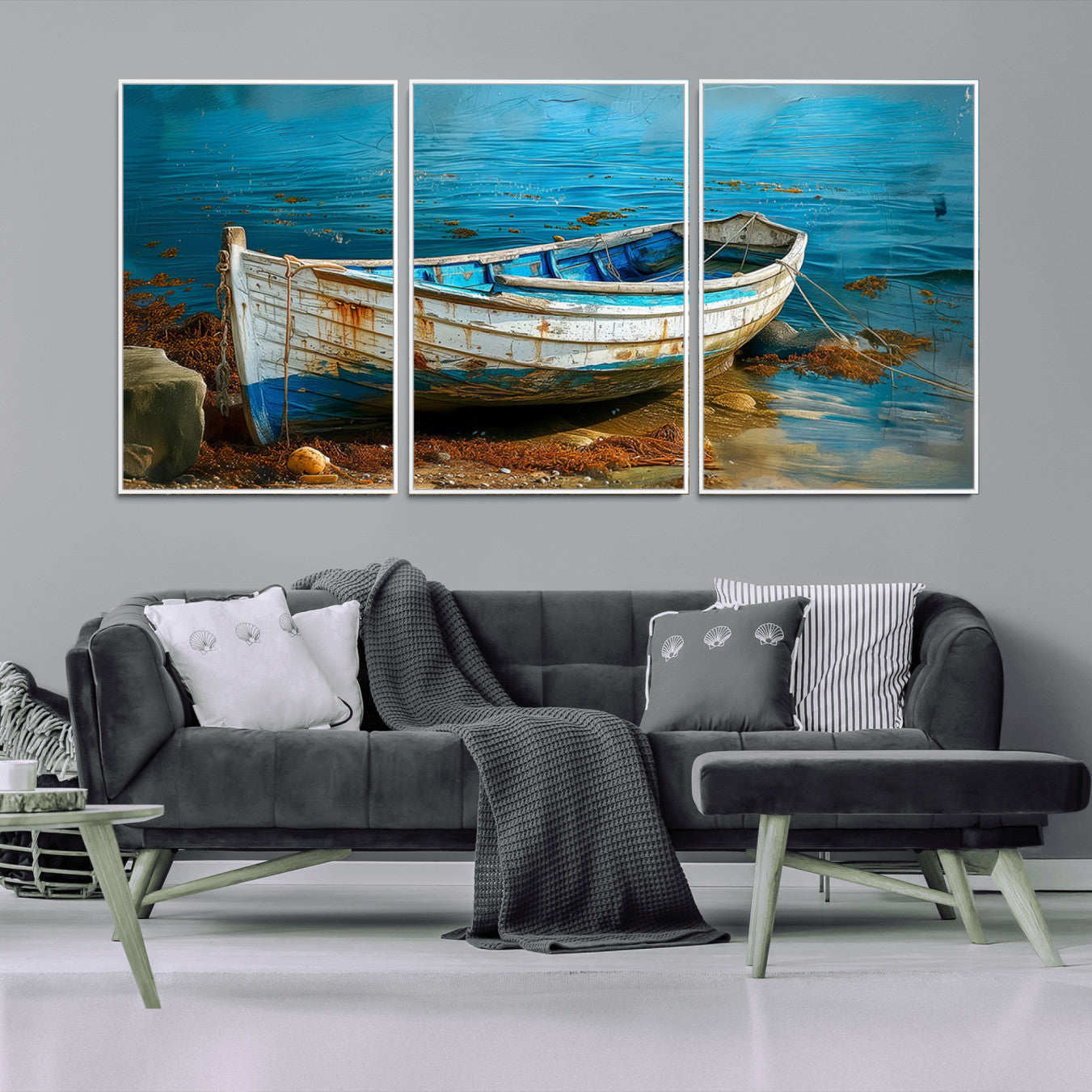 54716-MGV-CV-36X24-Vintage Boat on Tranquil Waters | Coastal Wall Art for Nautical Decor | Rustic Triptych Canvas Print