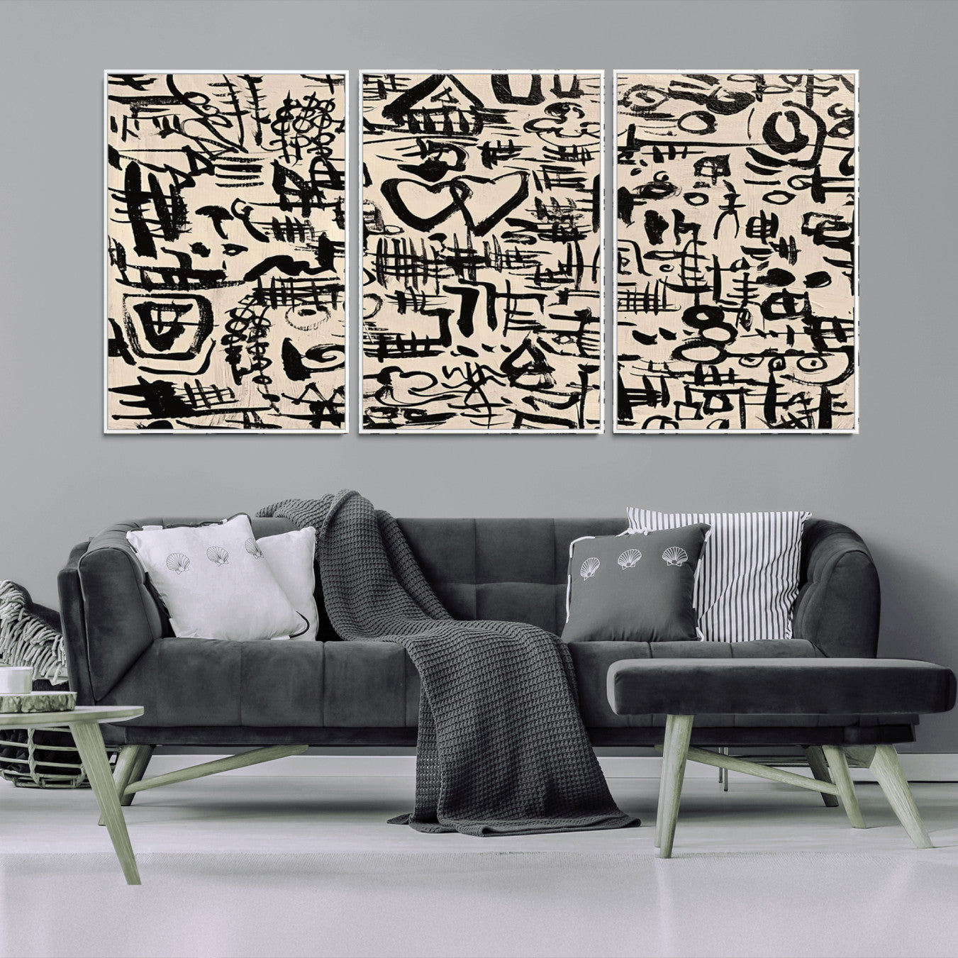 68273-MGV-FC-60X30-3P - Abstract Love and Chaos Canvas Print, Black Symbols on Beige