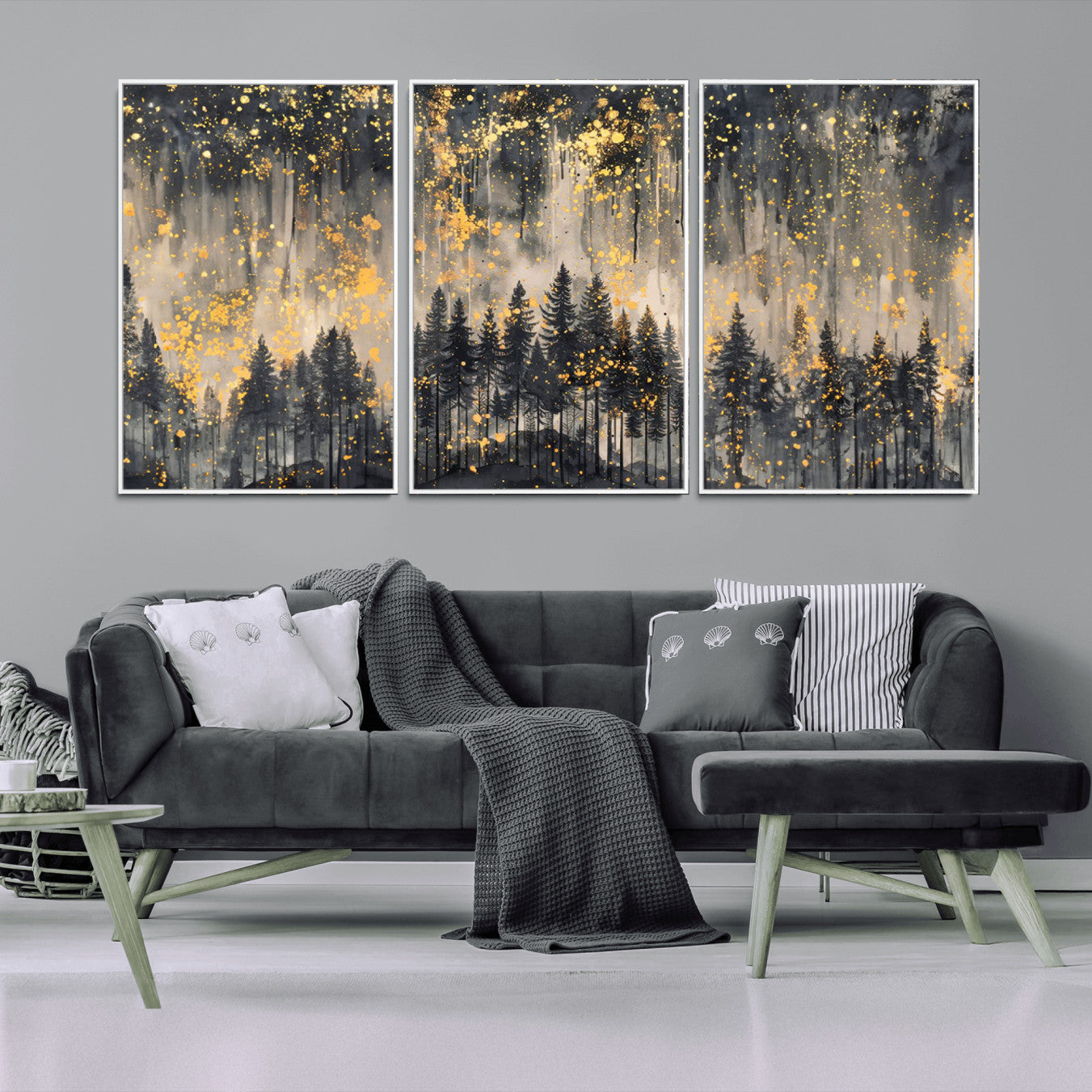 46049-MGV-CV-36X24-Golden Forest Abstract Wall Art | Dark Forest with Gold Splatter Accents | Triptych Ready to Hang