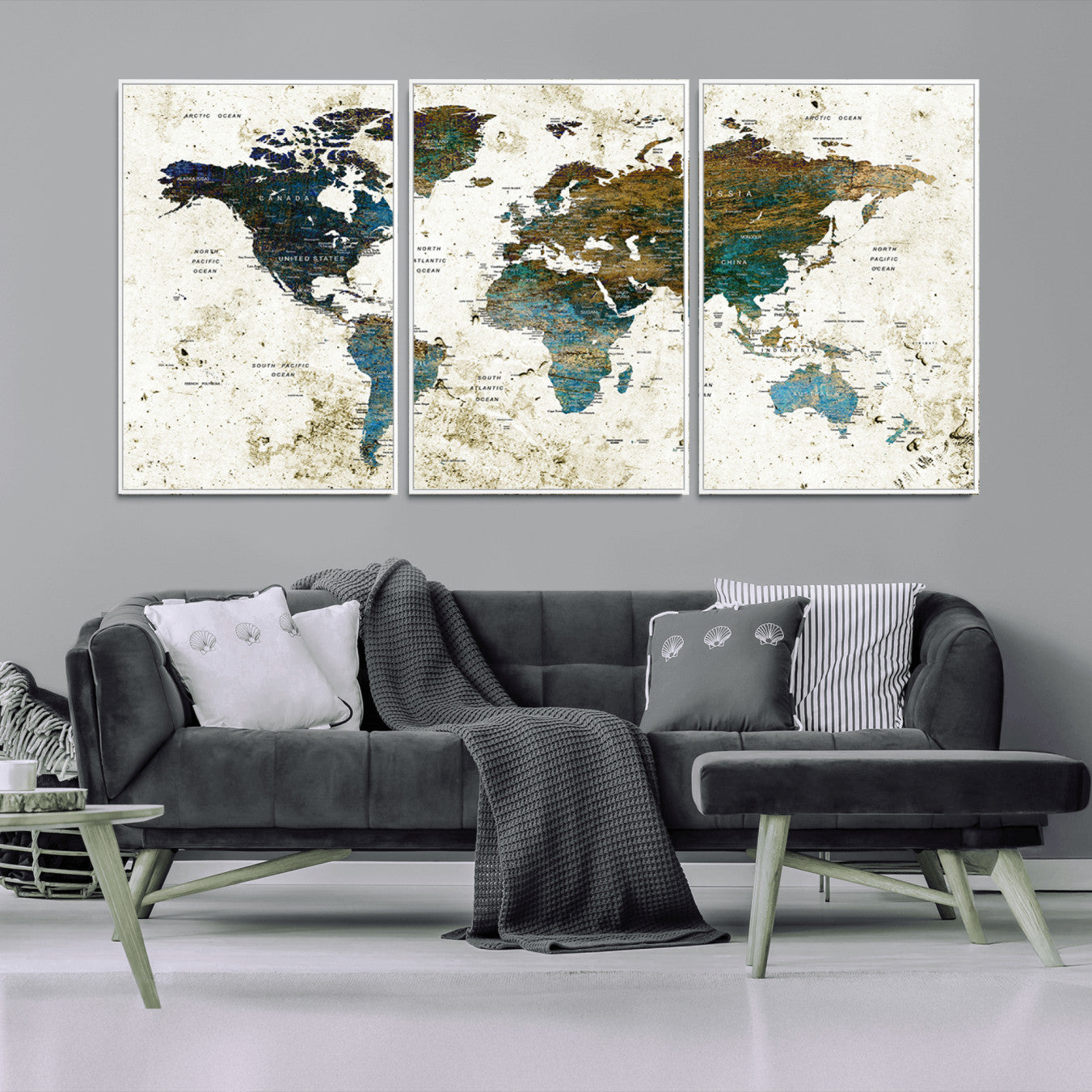 89176-MGV-CV-36X24-Vintage Blue and Brown World Map Canvas Wall Art – Framed Rustic Map Print, Earth Tone Travel Decor for Stylish Home and Office Walls