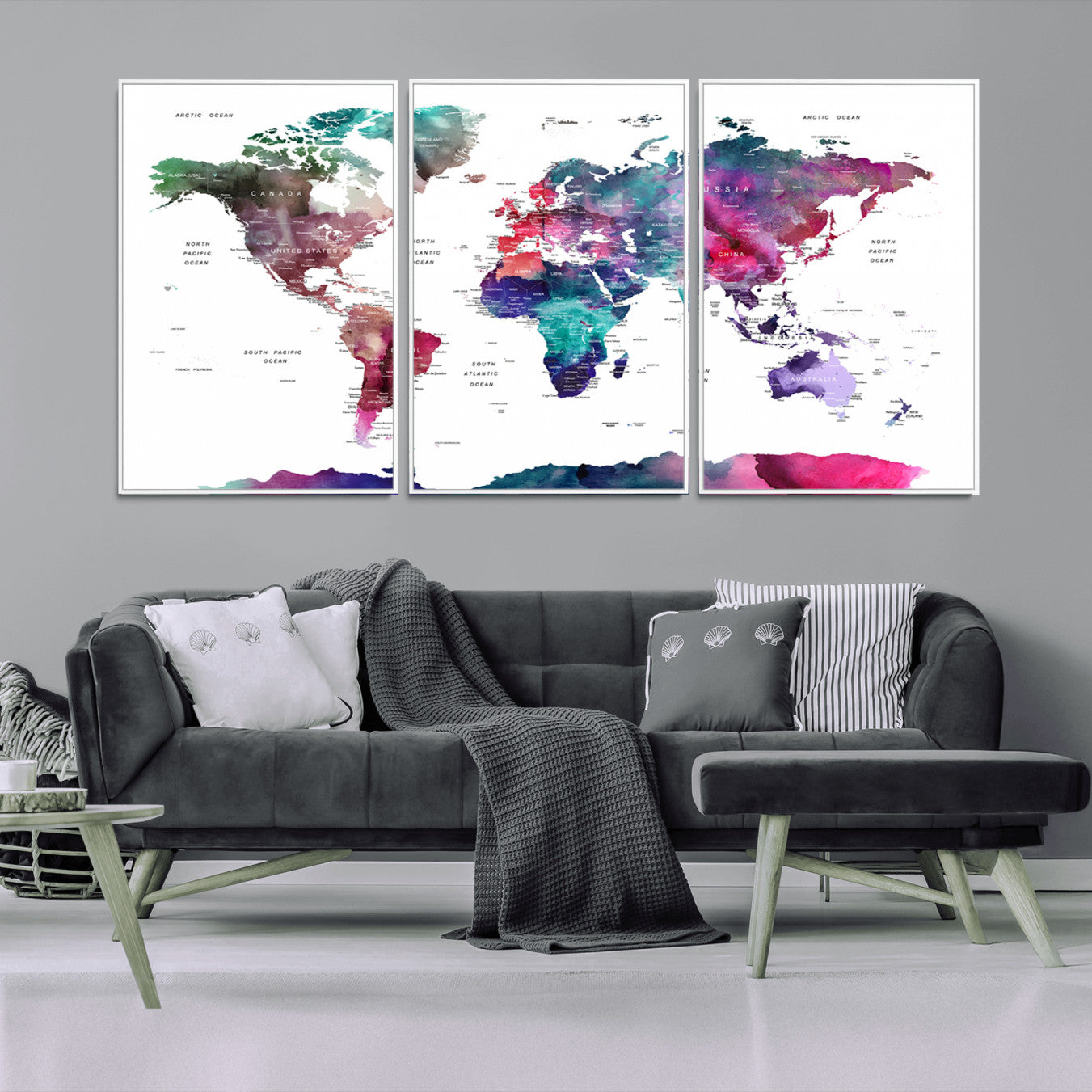 78176-MGV-CV-36X24-Colorful Watercolor World Map Canvas Wall Art – Framed Modern Map Print, Vibrant Travel Inspired Artwork for Home and Office Decor
