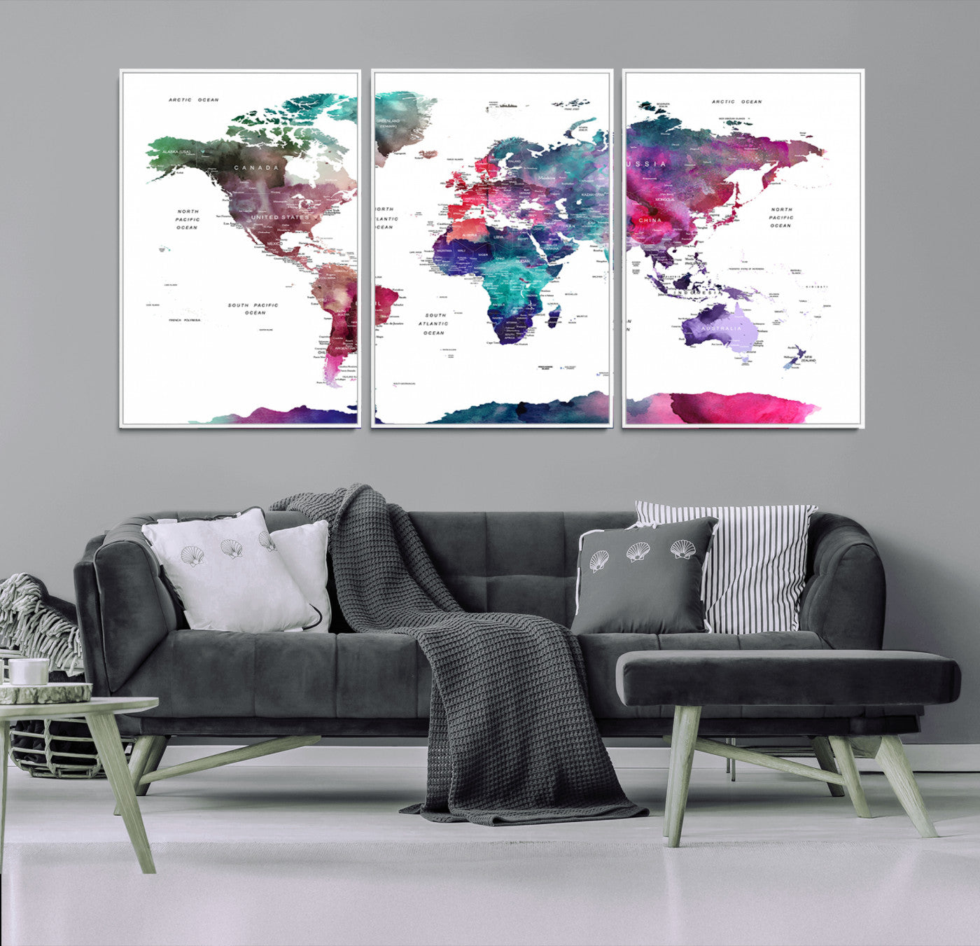 78176-MGV-CV-36X24-Colorful Watercolor World Map Canvas Wall Art – Framed Modern Map Print, Vibrant Travel Inspired Artwork for Home and Office Decor