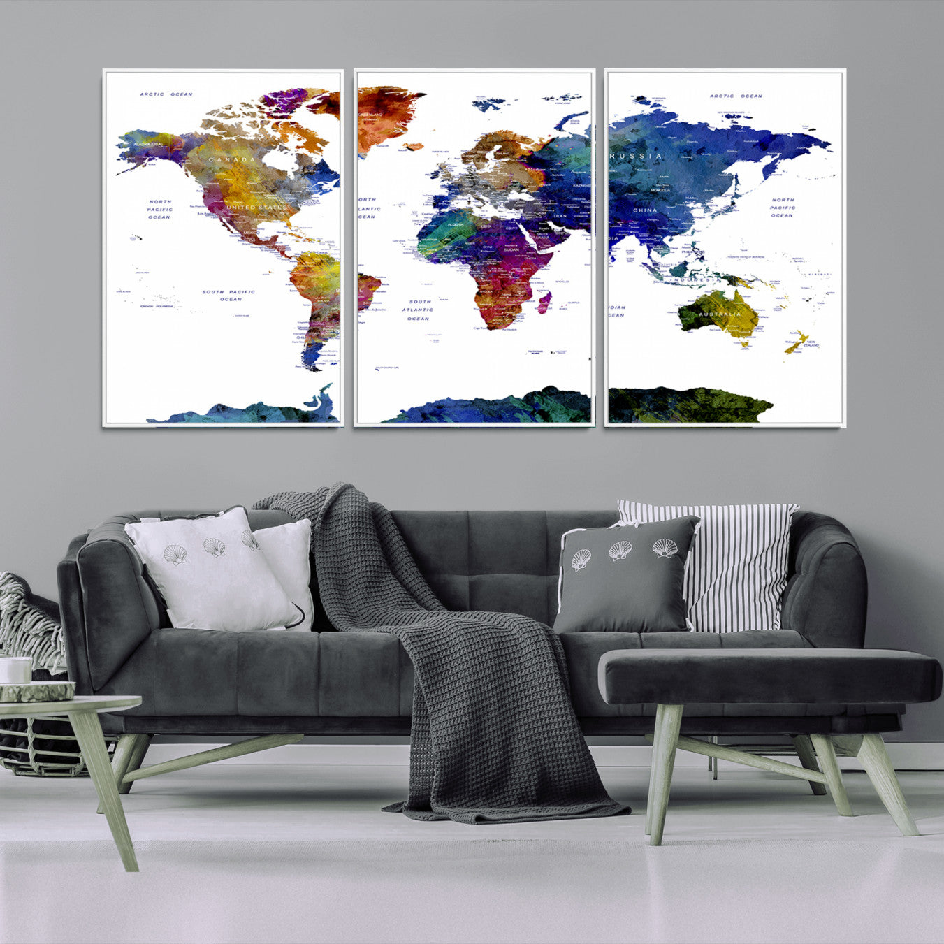 90446-MGV-CV-36X24-Colorful Watercolor World Map Canvas Wall Art – Framed Modern Push Pin Travel Map for Home and Office Decor