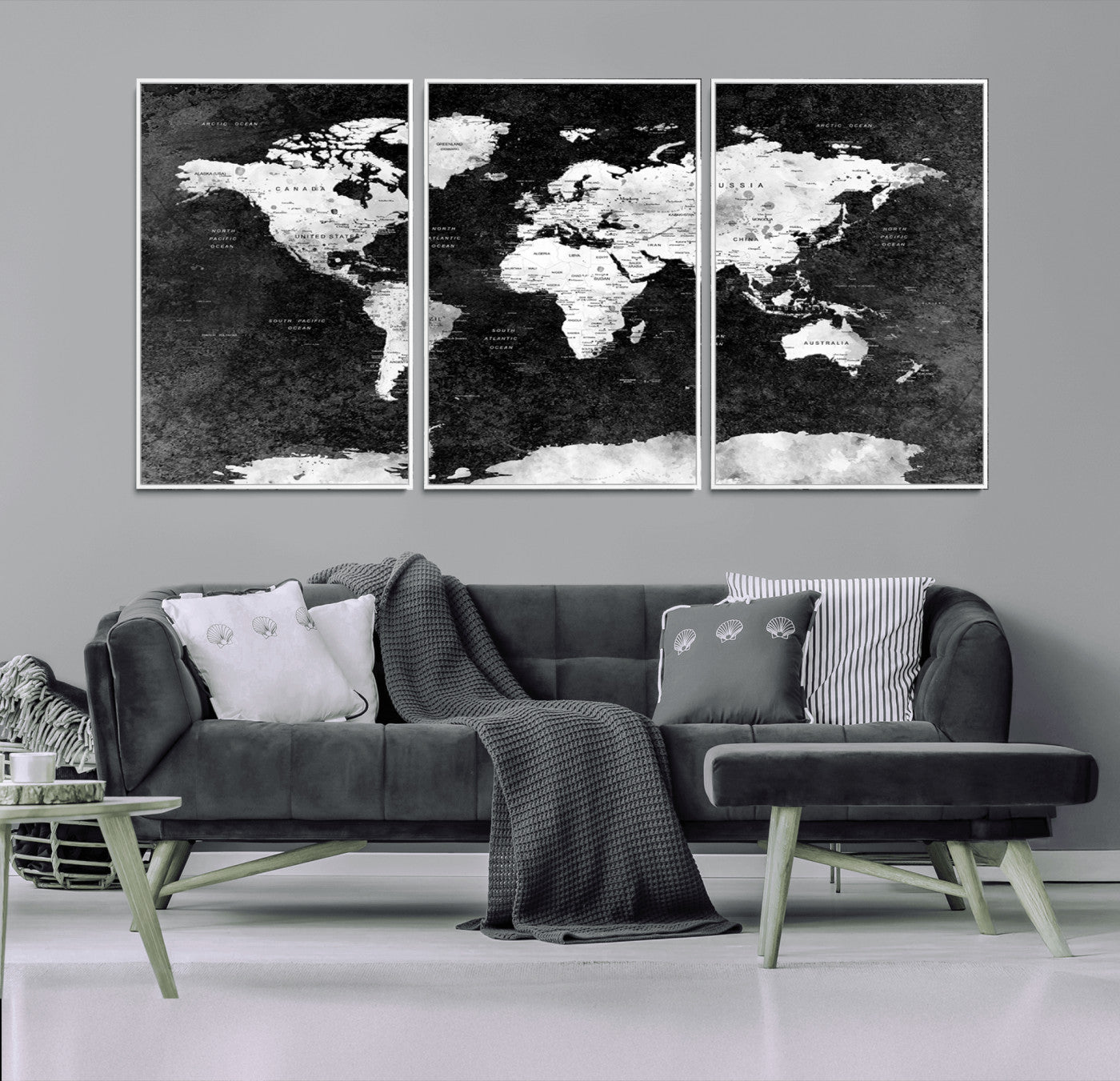 90682-MGV-FC-60X30-3P_White-Black and White World Map Canvas Print – Framed Push Pin Wall Art for Couples, Modern Minimalist Travel Map for Elegant Home and Office Decor