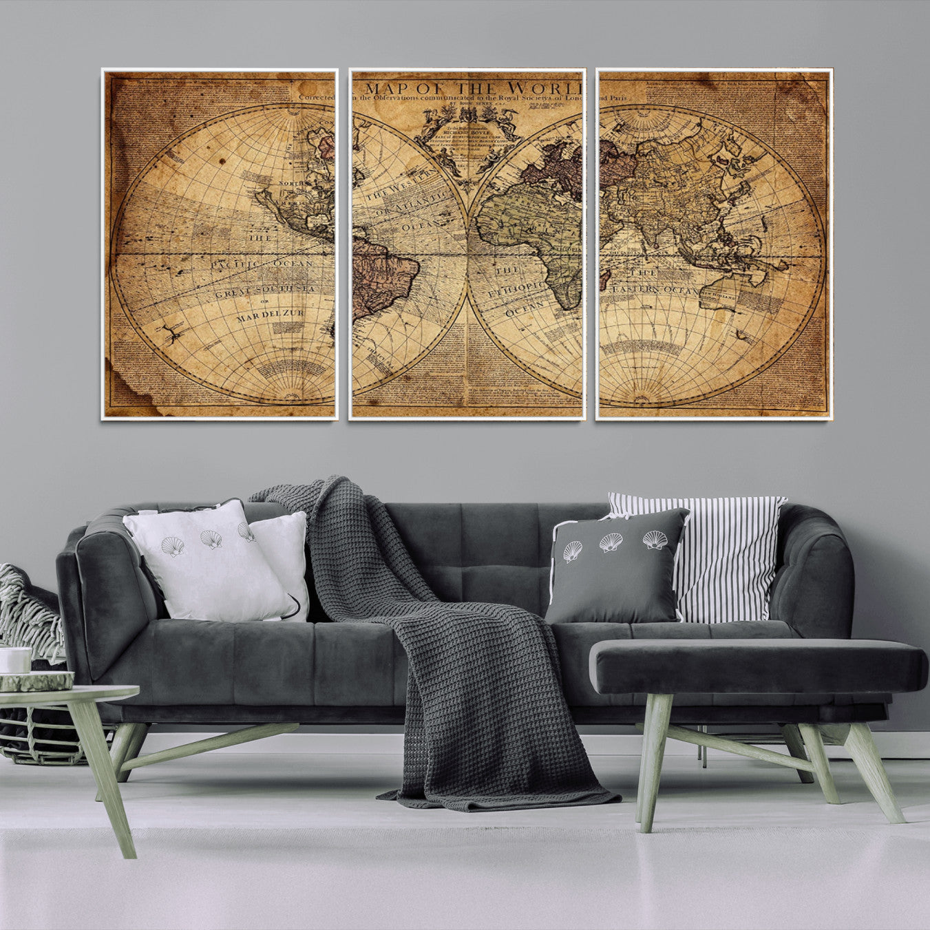 -Vintage World Map Wall Art Canvas – Antique Style Push Pin Travel Map, Framed Decorative Wall Decor for Home, Office