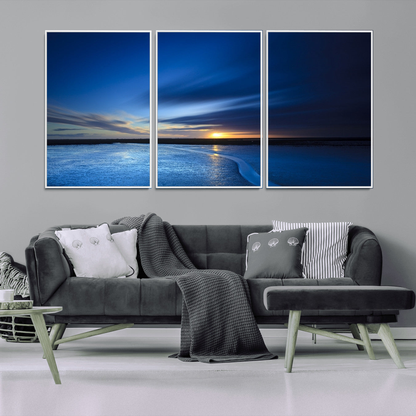 -Blue Sunset Ocean Canvas Wall Art Print – Serene Coastal Horizon Wall Decor for Home or Office –