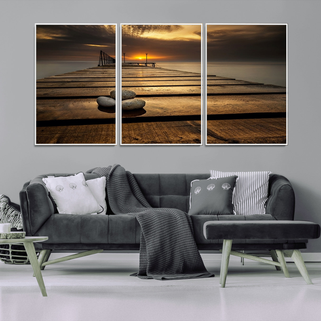 -Stones on Wooden Pier at Sunset Canvas Print, Serene Coastal Wall Art, Beach Sunset Photography,