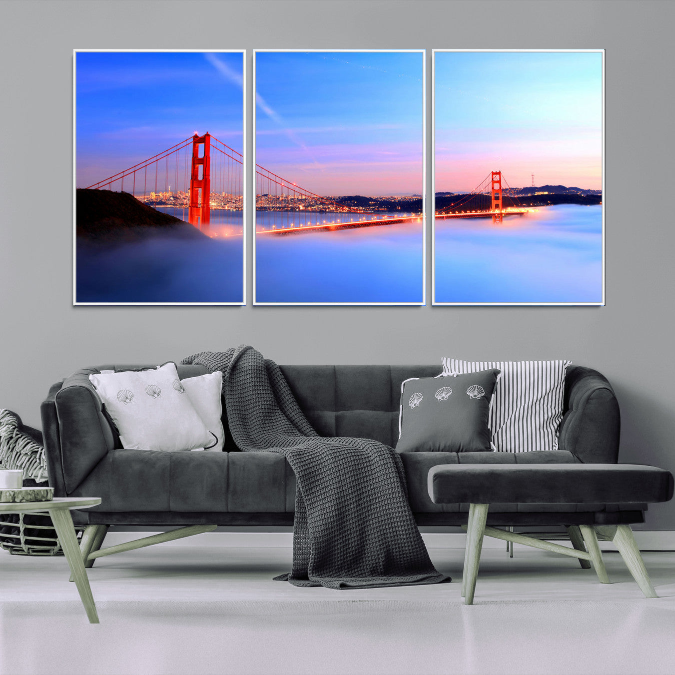 MGV-FC-60X30-3P - Golden Gate Bridge Wall Art Print, San Francisco Sunset Canvas Wall Art, Cityscape Canvas Print for