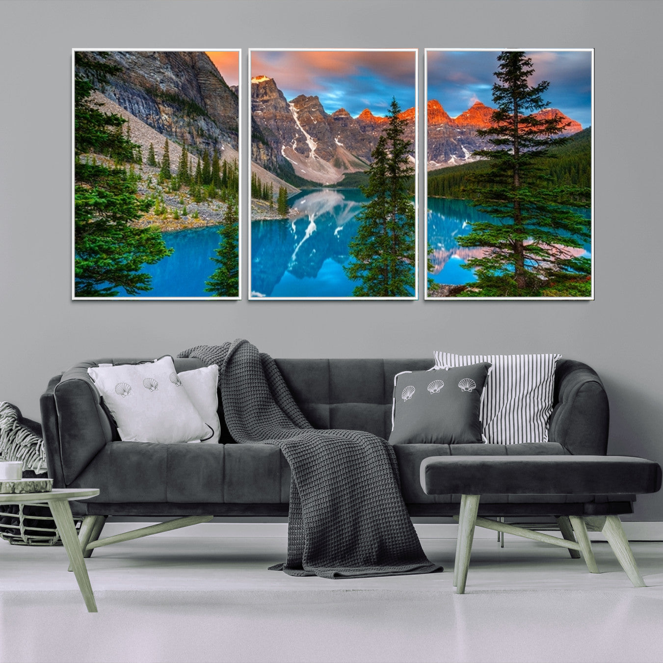 29782-MGV-FC-60X30-3P_White-Canadian Rockies Moraine Lake Wall Art Canvas Print, Pine Trees Mountain Spring Canvas Print