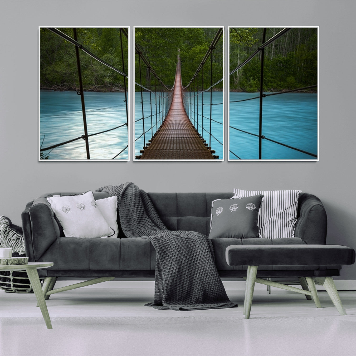 -Suspension Bridge Over River Canvas Art | 3-Panel Nature Photography | Scenic Wall Art for Living
