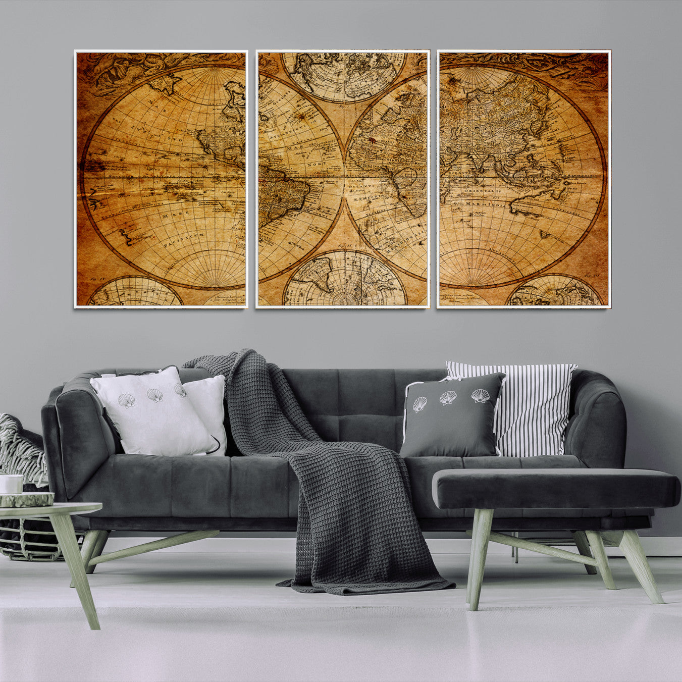 25517-MGV-FC-60X30-3P - Vintage World Map Canvas Print – Antique Push Pin Travel Map, Framed Wall Art for Home or Office Decor