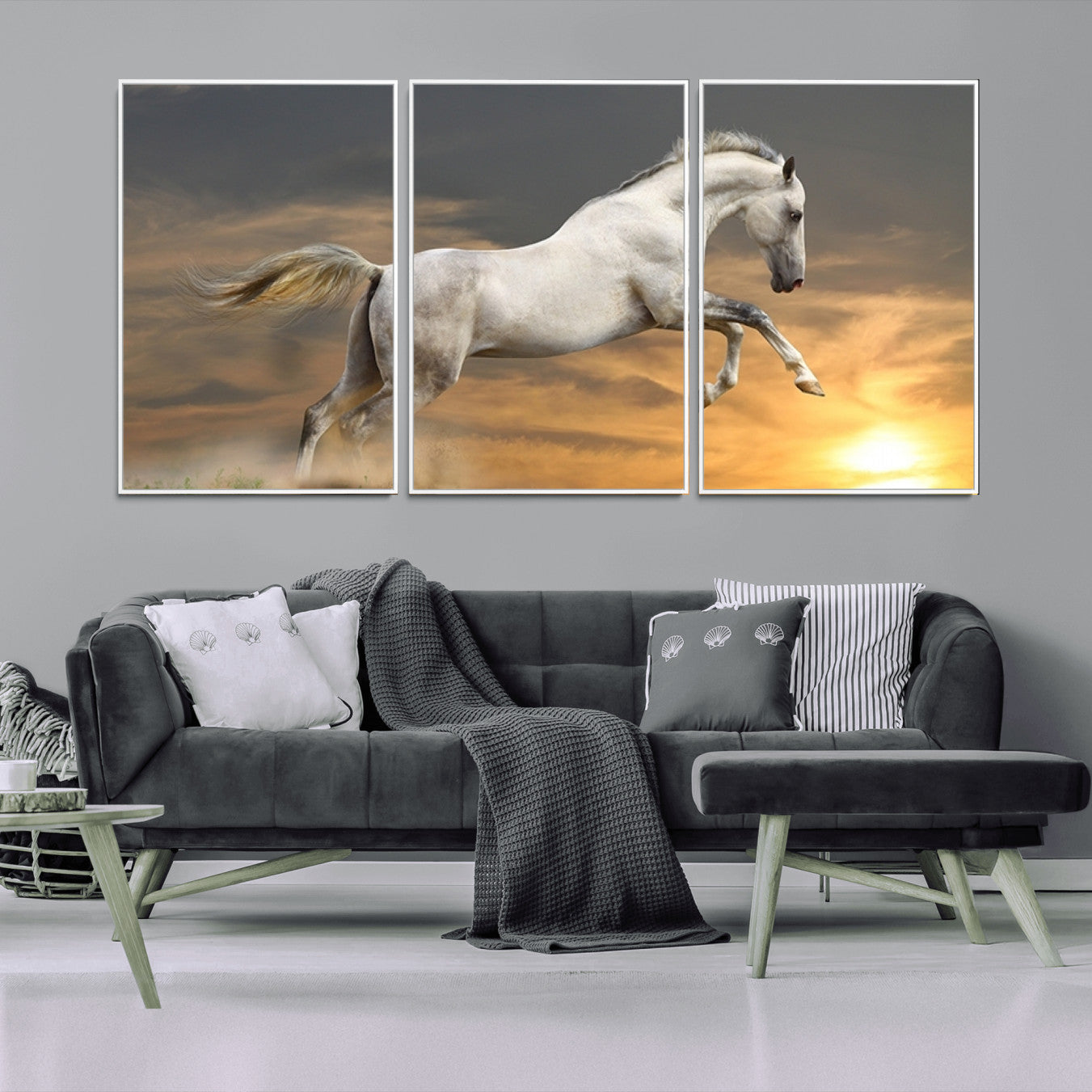 -Large Wall Art Canvas Print – White Jumping Horse Sunset Scene Animal Artwork for Home, Office, Living Room Decor