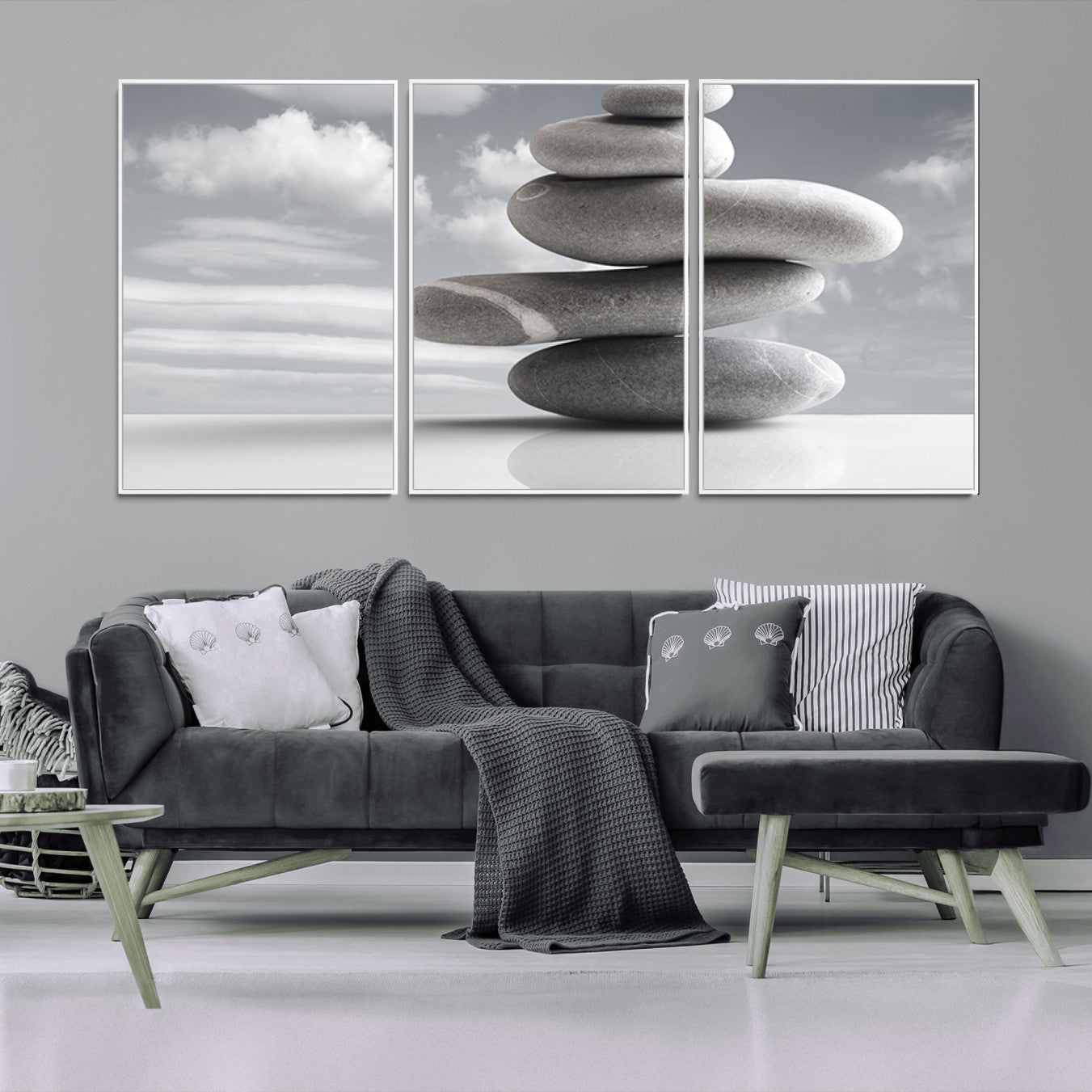 -Still Life Black and White Zen Stones Wall Art Canvas, Framed Black and White Zen Stones Canvas