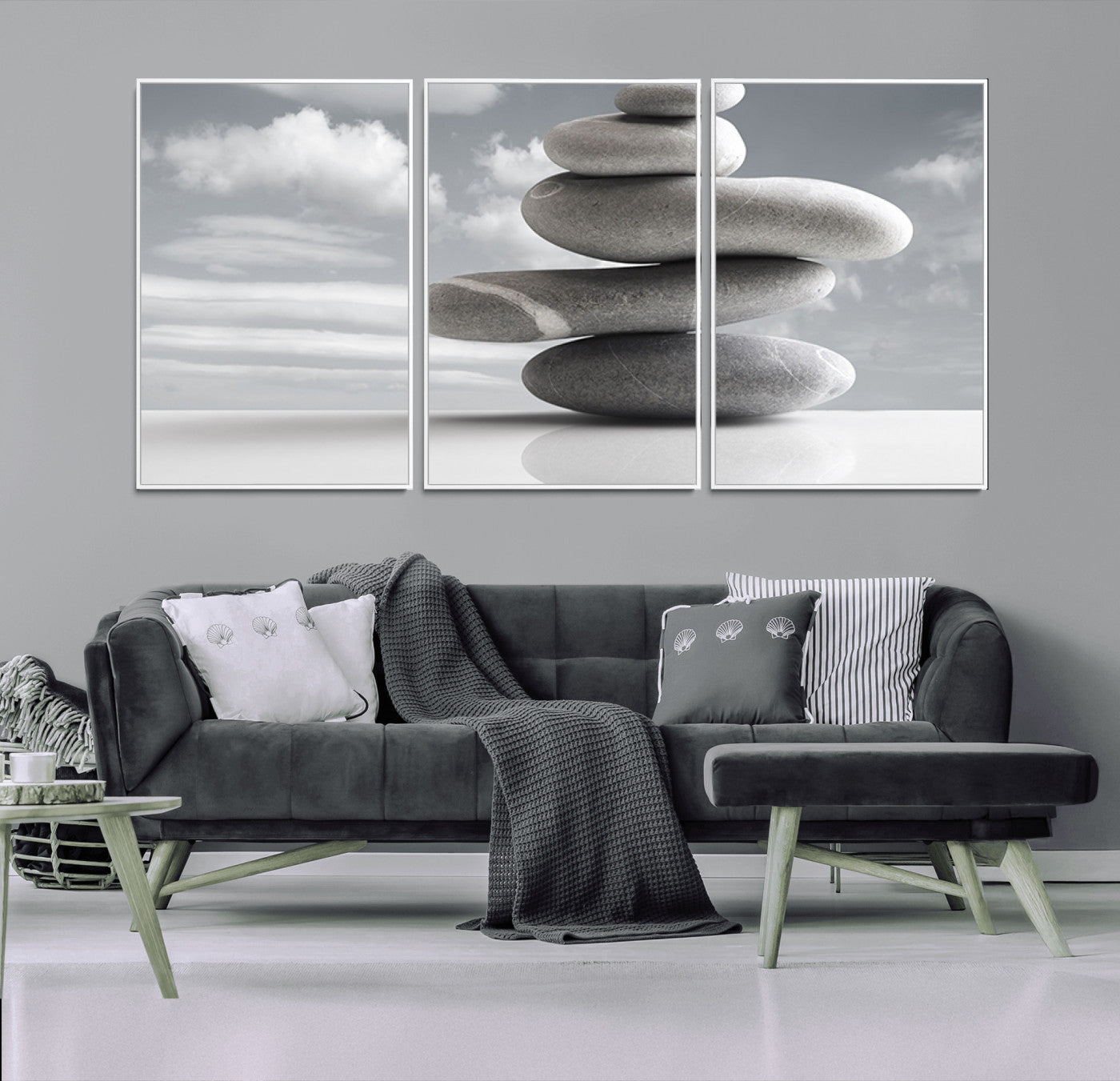 14496-MGV-CV-36X24-Still Life Black and White Zen Stones Wall Art Canvas, Framed Black and White Zen Stones Canvas