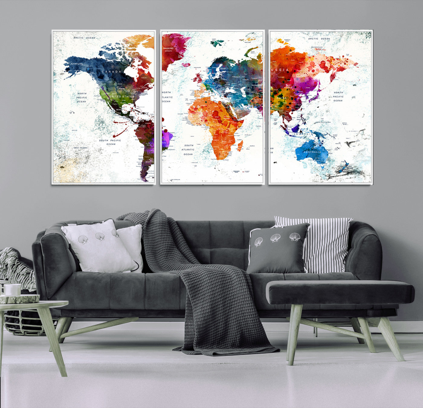 73167-MGV-FC-60X30-3P_White-Push Pin World Map Canvas Print – Framed Travel Map Wall Art for Couples, Anniversary Gift, Modern Home or Office Decor