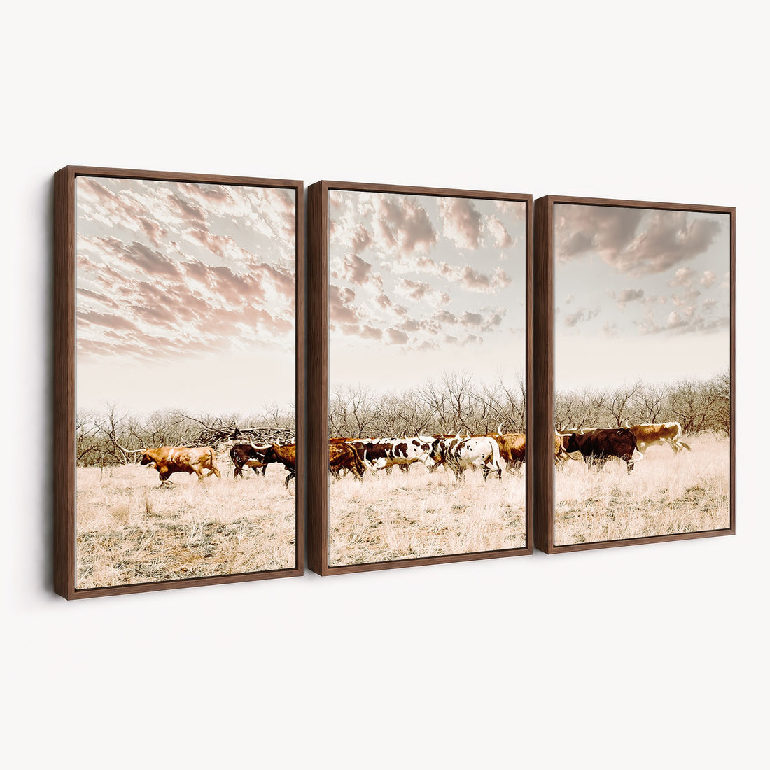 Longhorn Cattle Wall Art Canvas Print, Framed Texas Ranch Art, Western Cow Print, Prairie Landscape Decor