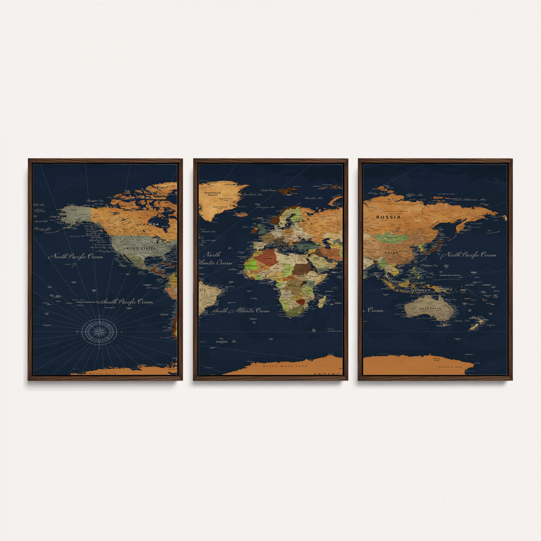Modern World Map Canvas Print, Framed Detailed Map of the World Wall Art