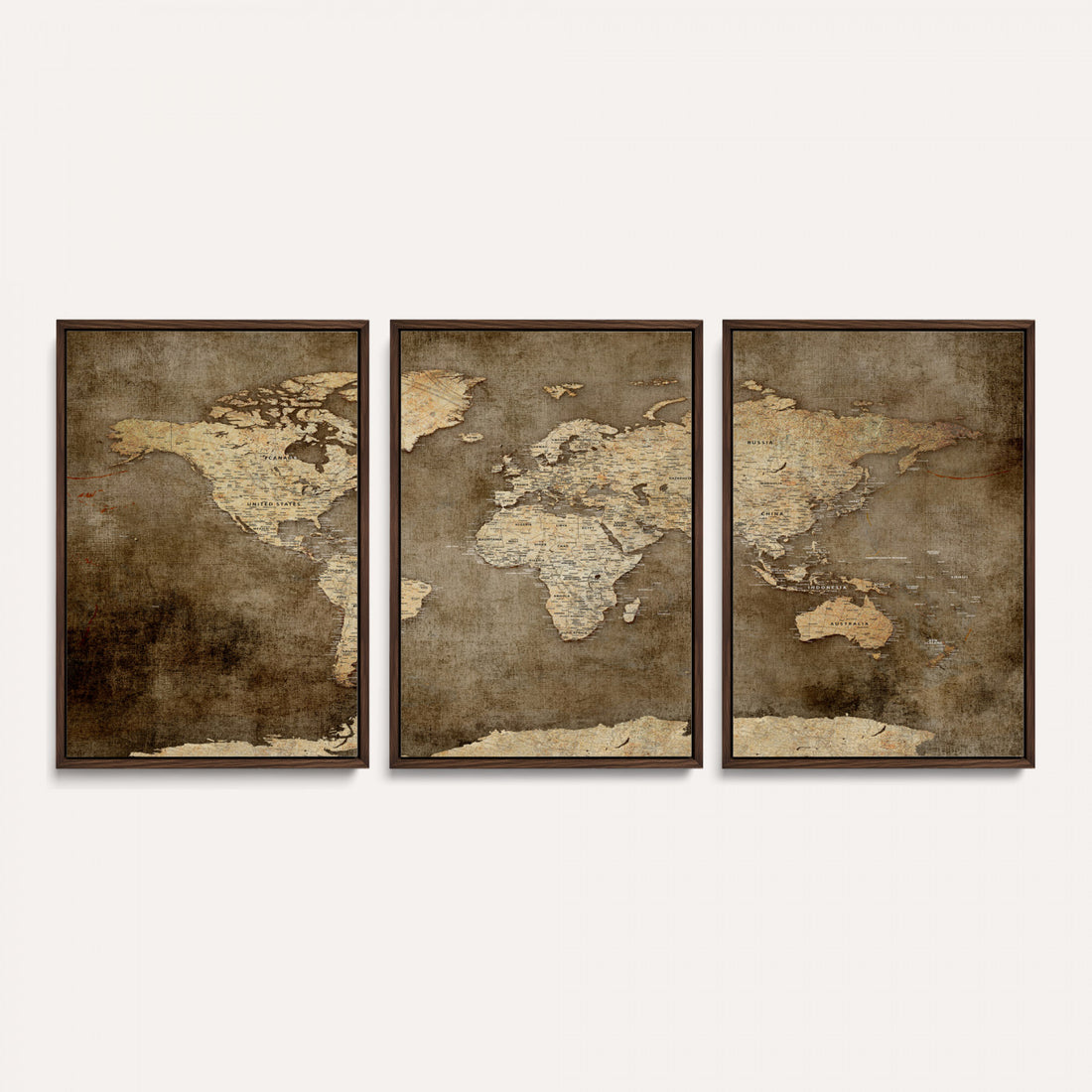 Dark Vintage World Map Canvas Wall Art Print, Antique Map Artwork