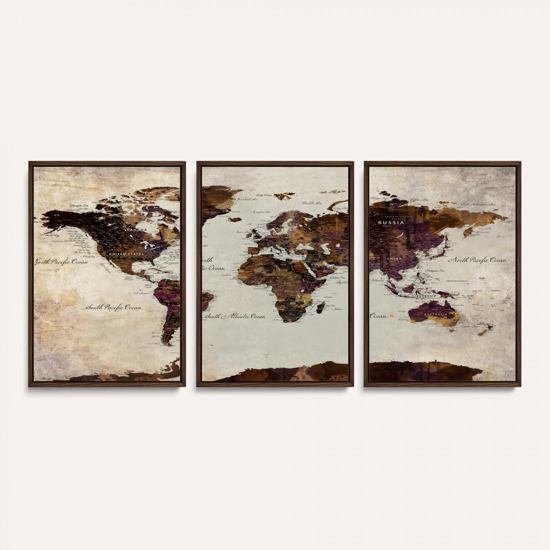 World Map Canvas Triptych | Colorful Global Wall Art for Living Rooms