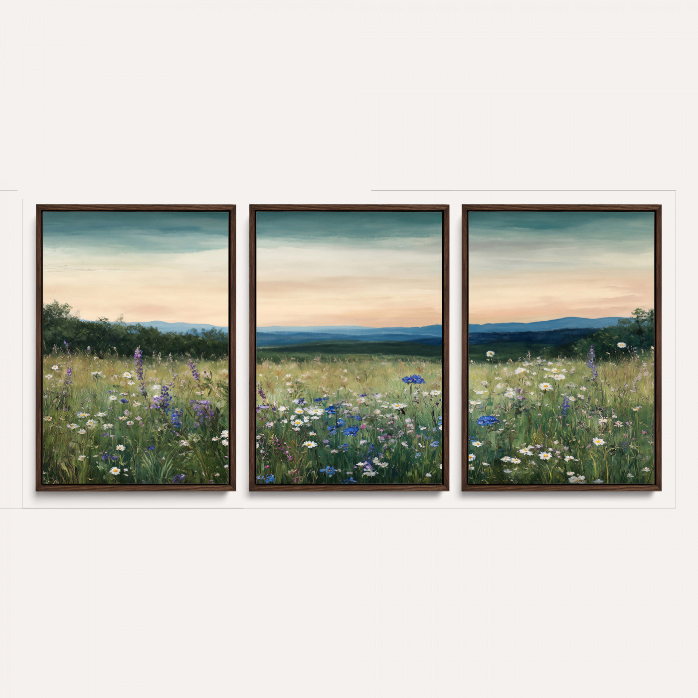 35773805-MGV-CV-36X24 - Wildflower Meadow Oil Painting Canvas Print - Daisy Lavender Mountain Sunset Print | Cottagecore Floral Wall Art - Bedroom Decor Gift for Her