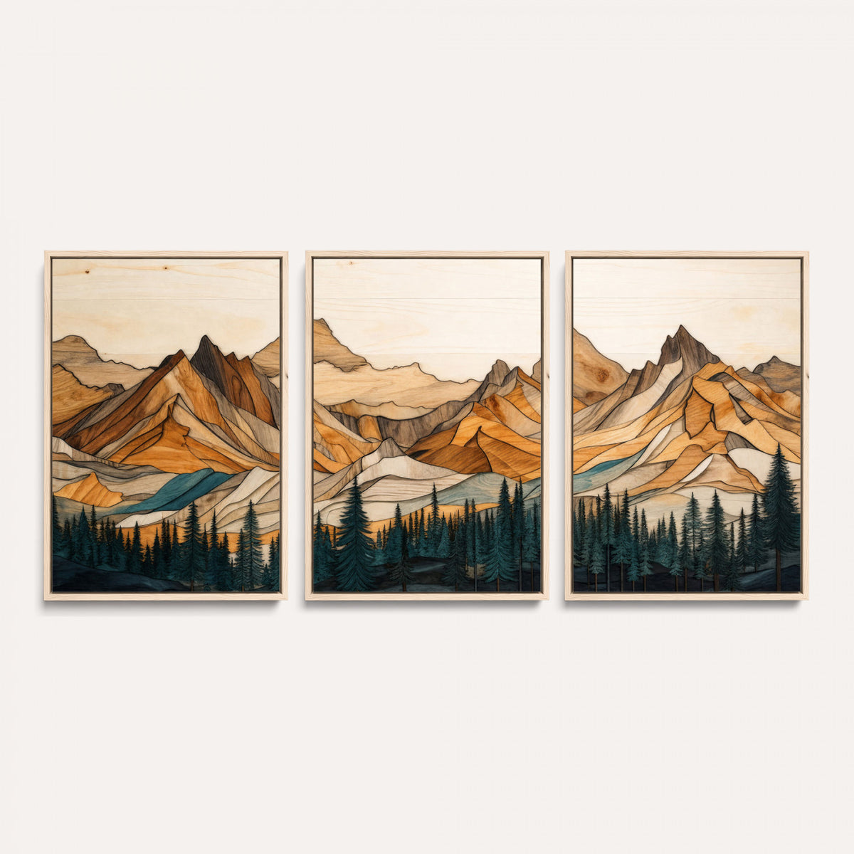 57384313-MGV-CV-60X30-3P - Mountain Landscape Canvas Wall Art with Wood Grain Effect, Golden Peaks and Teal Pine Forest, Framed Cabin Decor