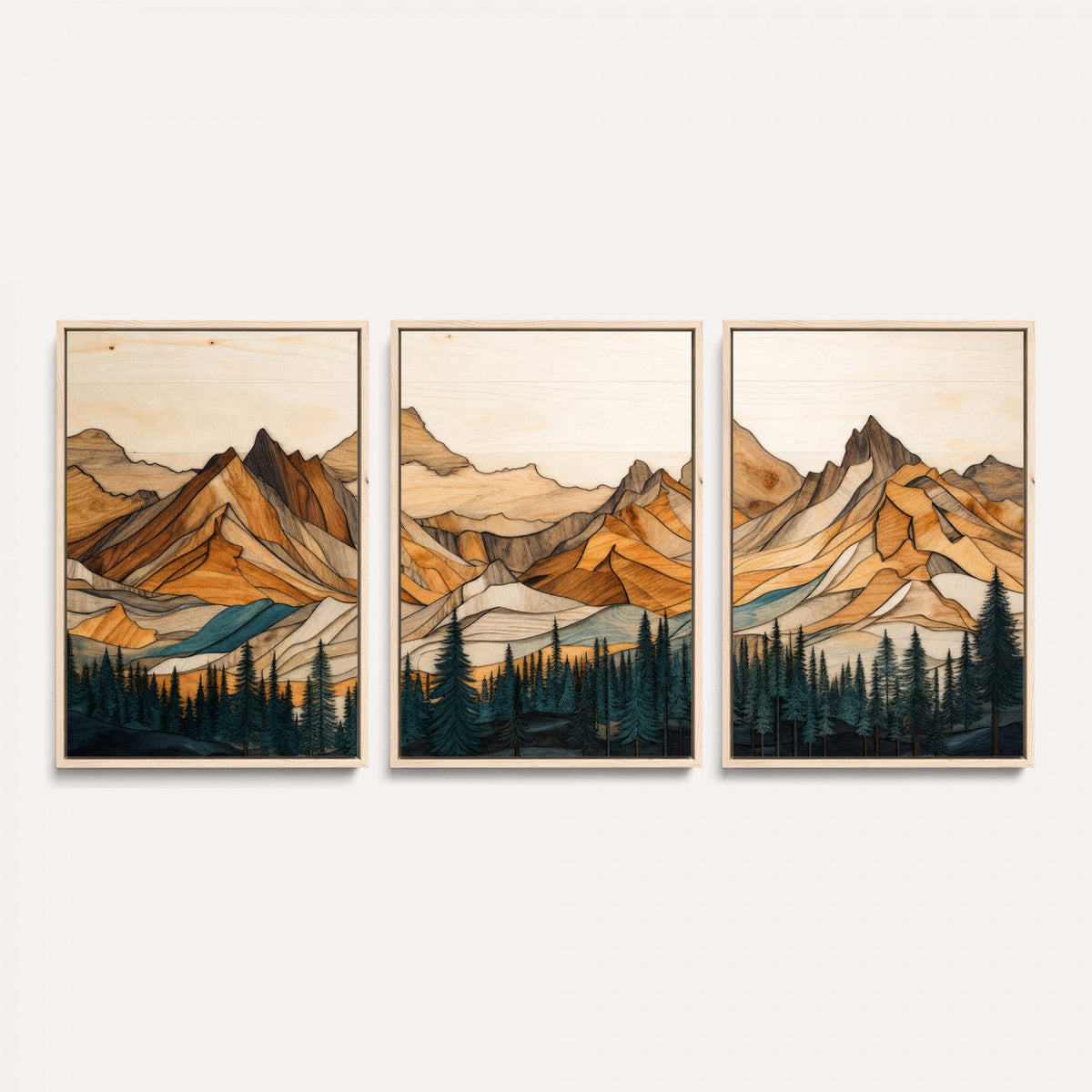 57384313-MGV-CV-48X32-3P - Mountain Landscape Canvas Wall Art with Wood Grain Effect, Golden Peaks and Teal Pine Forest, Framed Cabin Decor