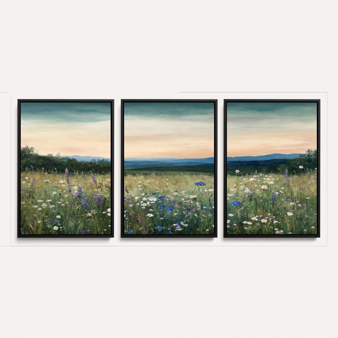 35773805-MGV-CV-36X24 - Wildflower Meadow Oil Painting Canvas Print - Daisy Lavender Mountain Sunset Print | Cottagecore Floral Wall Art - Bedroom Decor Gift for Her