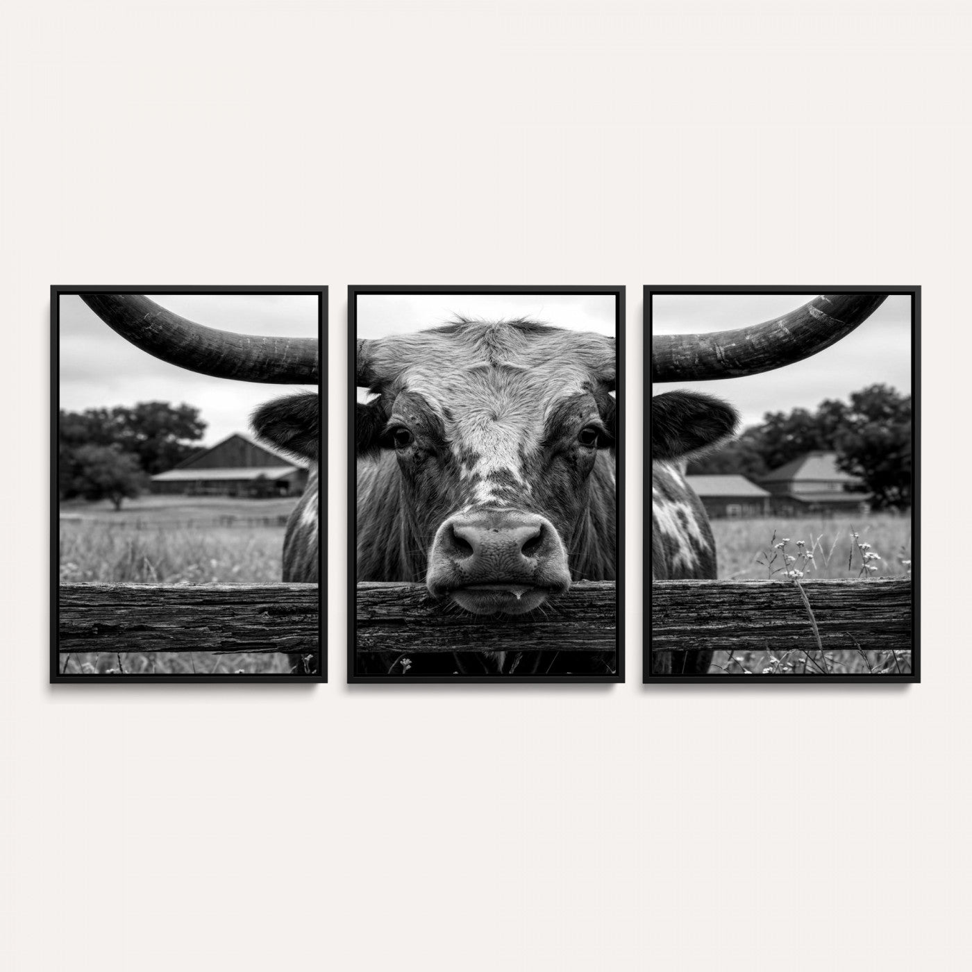59378683B-MGV-CV-36X24 - Black White Texas Longhorn Bull Canvas Wall Art, Western Ranch Cattle Photography Print, Rustic Farmhouse Cowboy Decor Artwork