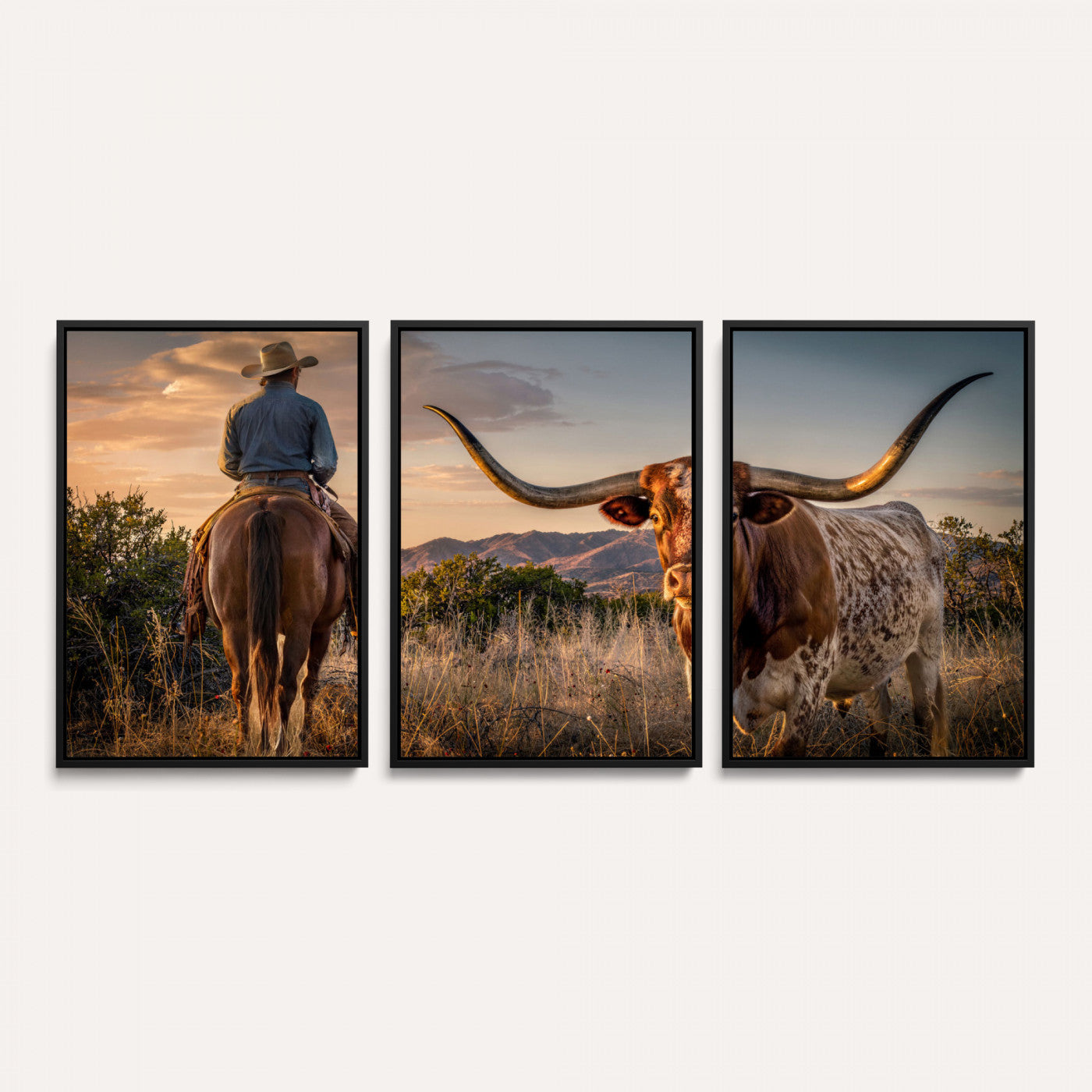 62076449-MGV-CV-60X30-3P - Texas Cow Bull Longhorn Cowboy Western Wall Art Decor for Farmhouse