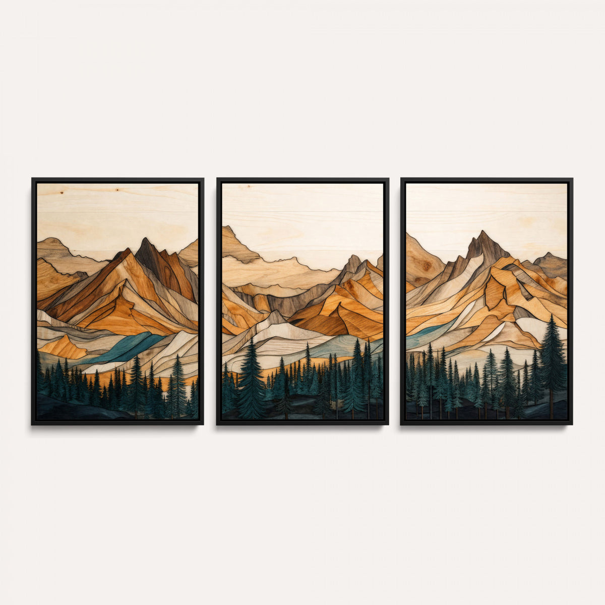 57384313-MGV-CV-60X30-3P - Mountain Landscape Canvas Wall Art with Wood Grain Effect, Golden Peaks and Teal Pine Forest, Framed Cabin Decor