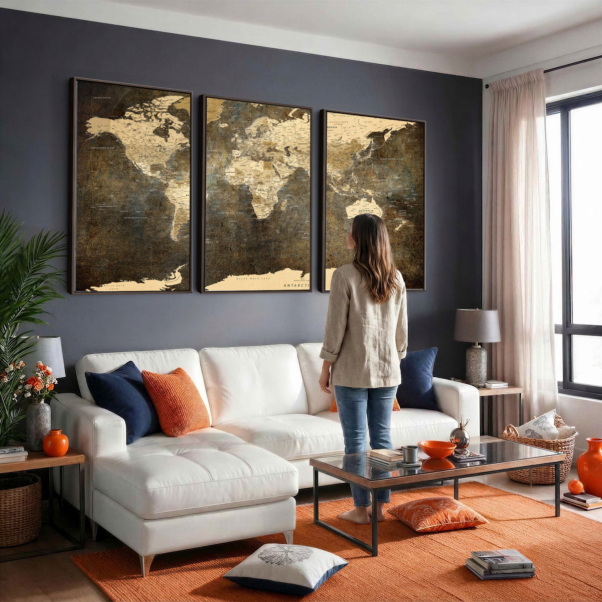 89742472-MGV-CV-36X24 - Large Framed Vintage World Map Wall Art Print for Home Wall