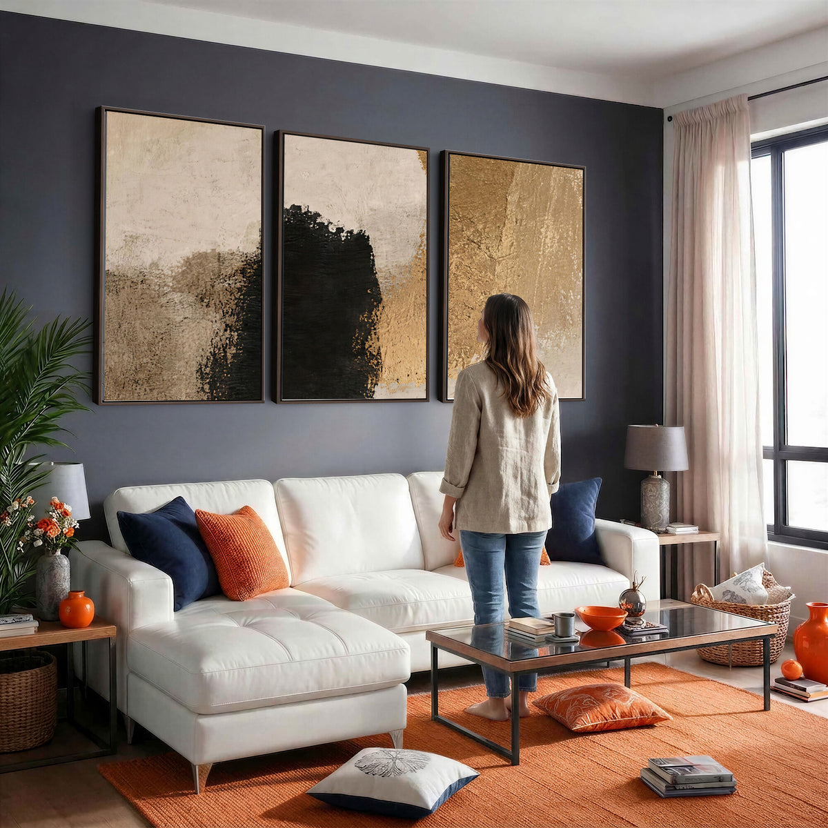36003778-MGV-CV-48X32-3P - Mid Century Modern Geometric Canvas Wall Art, Abstract Triptych Print