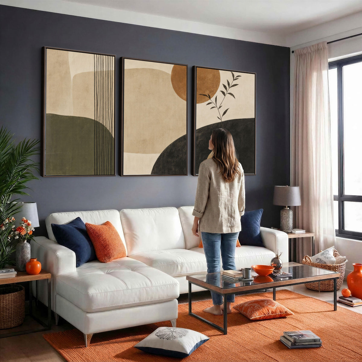 85289499-MGV-CV-60X30-3P - Boho Abstract Sun Canvas Wall Art, Minimalist Sage Green Botanical Print